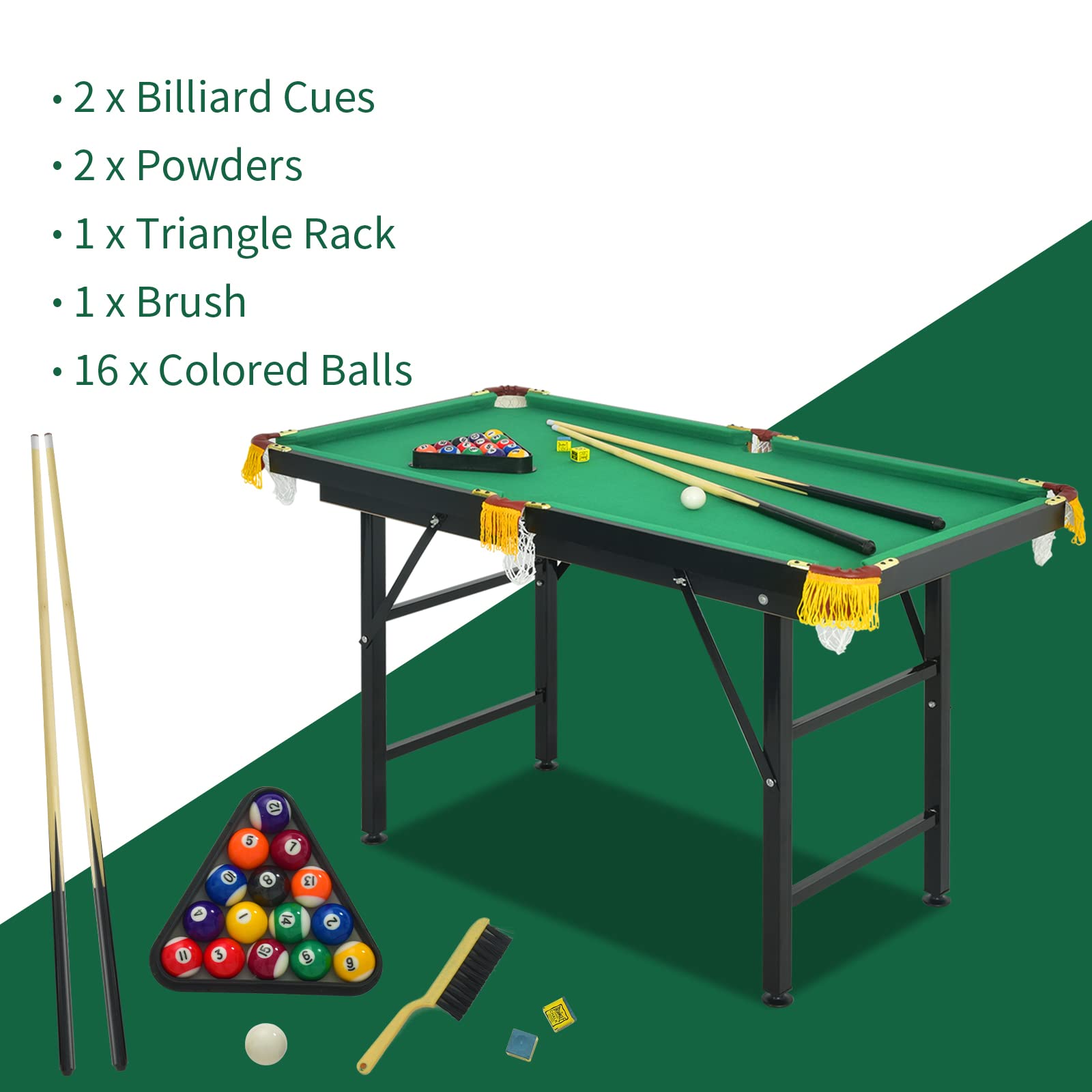 OLAKIDS 47 Inch Portable Folding Billiards Table Set - Includes 2 Billiard Cues, Balls, Triangle Rack, Brush & Chalk - Compact Pool Table for Kids, Adults, Family & Office - Perfect for Indoor Games, Birthday Gifts & Home Entertainment
