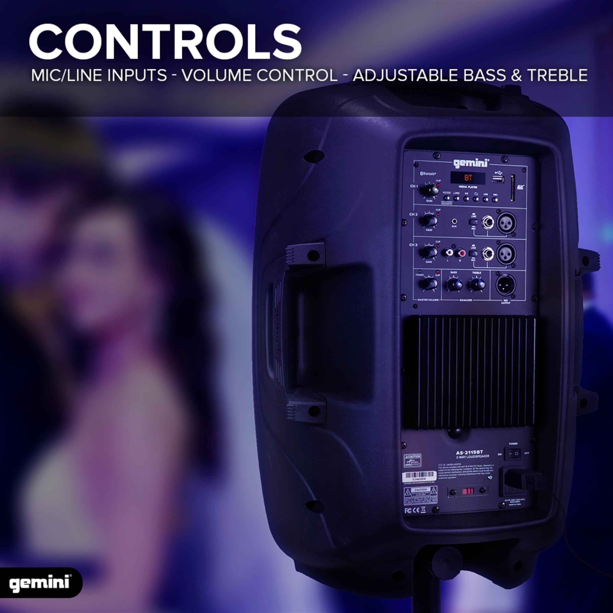 Gemini 15” 2000W Bluetooth PA Speaker with TWS Link - Professional DJ Sound System with USB/SD/FM, XLR/RCA/AUX Inputs, Dual Mic & Guitar Ports, EQ Control - Perfect for Live Gigs, Outdoor Events, Parties & Mobile DJ Setups