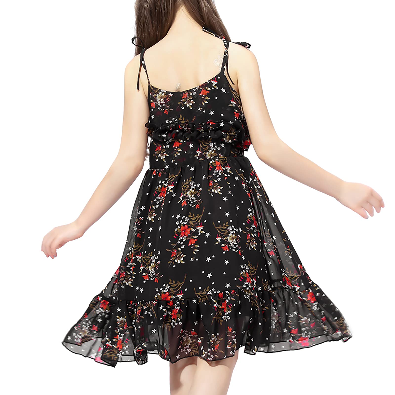 Freebily Girls Summer Floral Chiffon Dress - Spaghetti Strap Off Shoulder Bohemian Sundress with Ruffle Trim for Beach, Vacation & Outdoor Parties