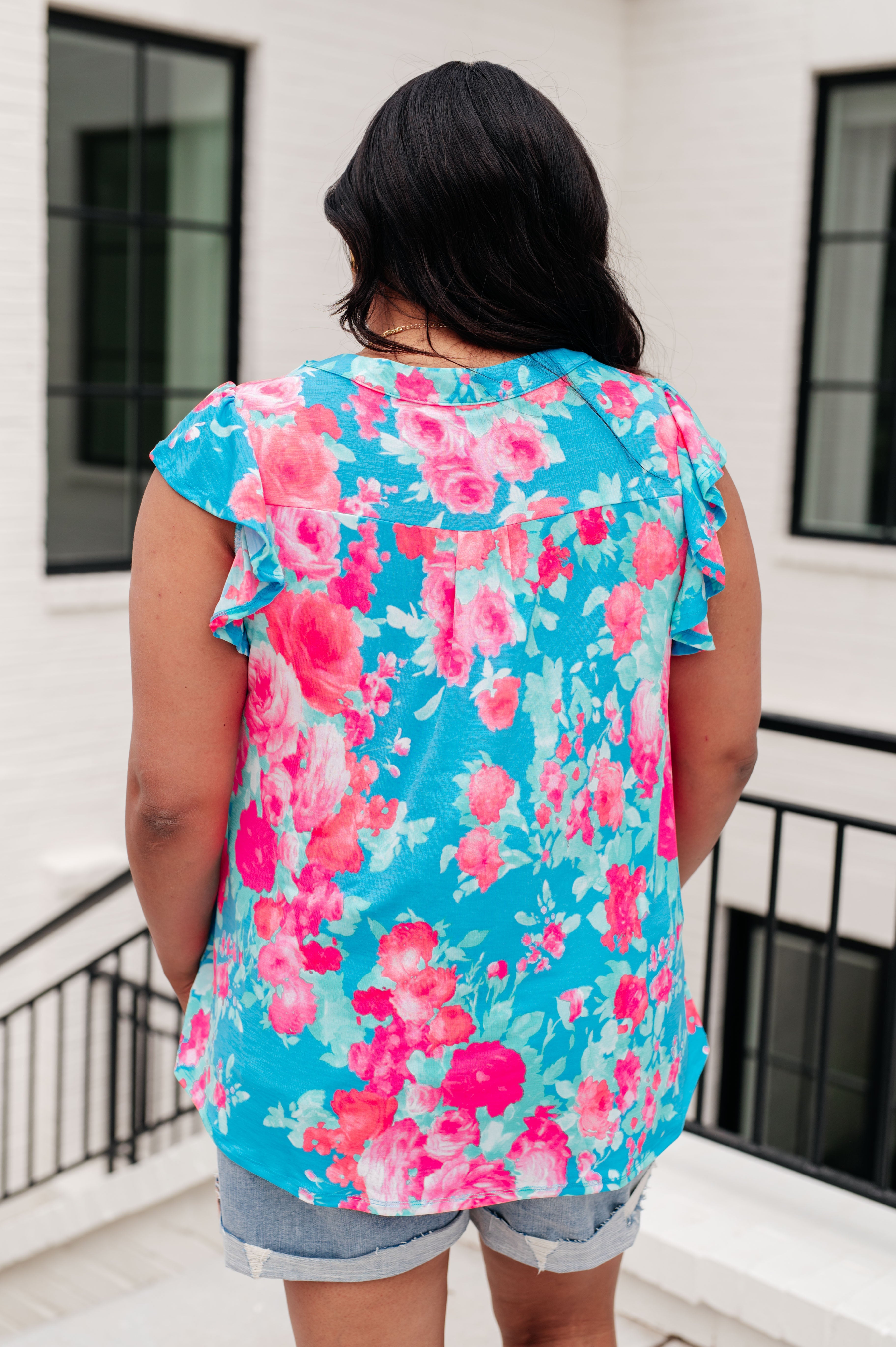 Lizzy Flutter Sleeve Blouse - Blue & Pink Floral Print Women's Tops for Casual Wear, Date Night & Summer Outfits