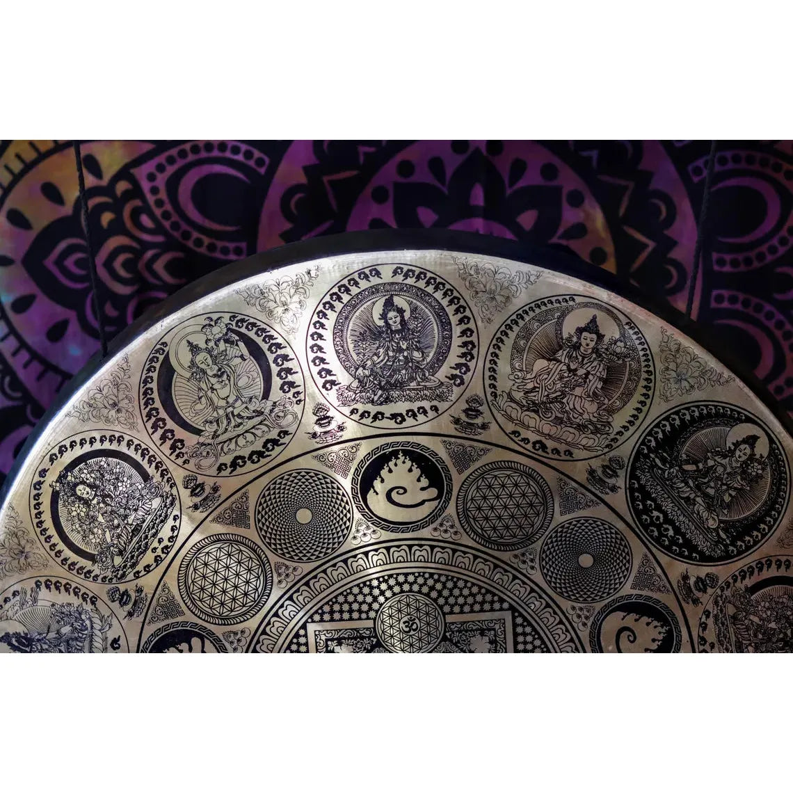 Handcrafted Tibetan Deities Carving Gong - Flower of Life Design for Meditation, Yoga & Spiritual Healing | Sacred Sound Instrument for Home Decor & Energy Cleansing