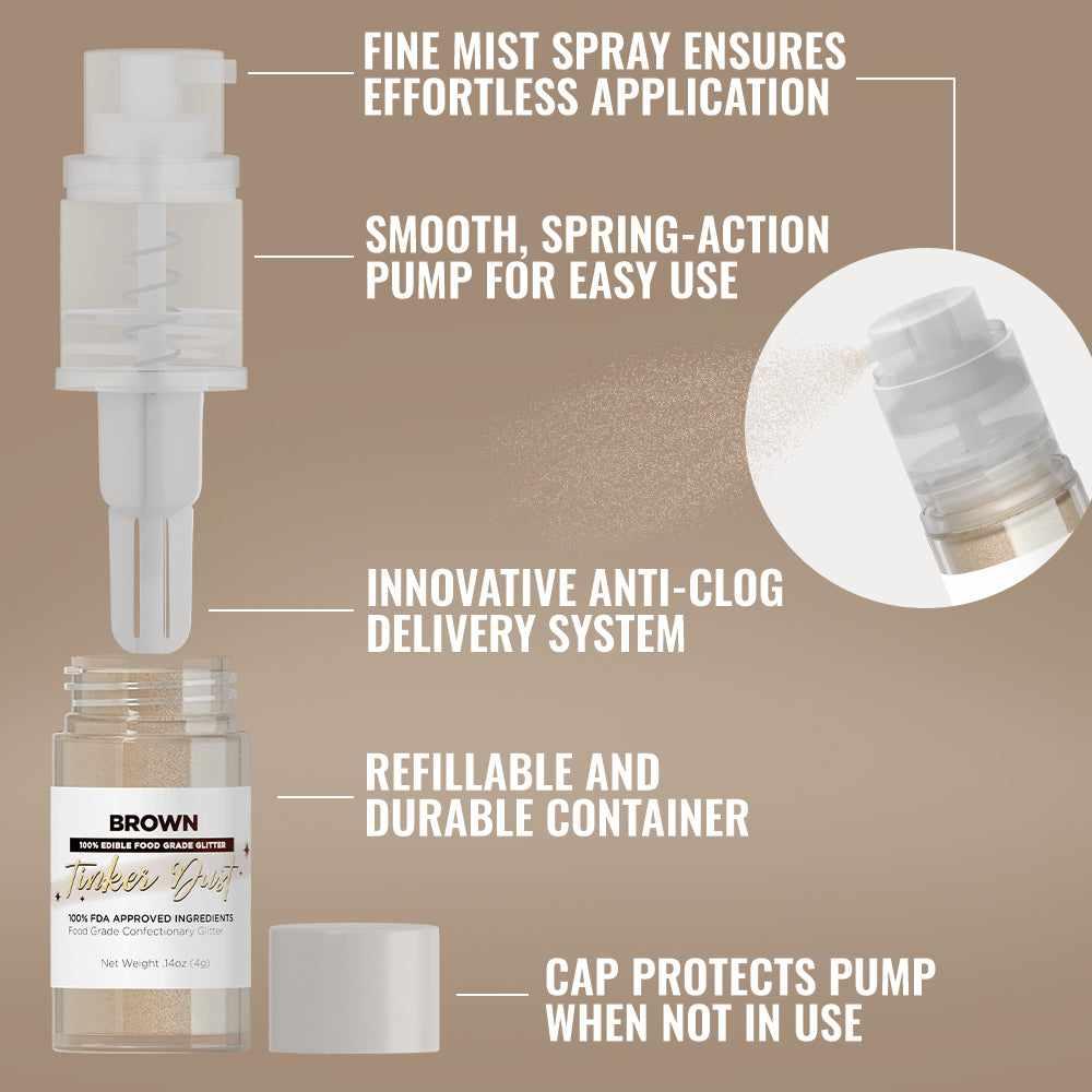 Tinker Dust® Brown Edible Glitter Spray - 4g Pump Bottle for Cake Decorating, Cupcakes & DIY Crafts | Food Safe Sparkle Dust for Baking & Party Decor