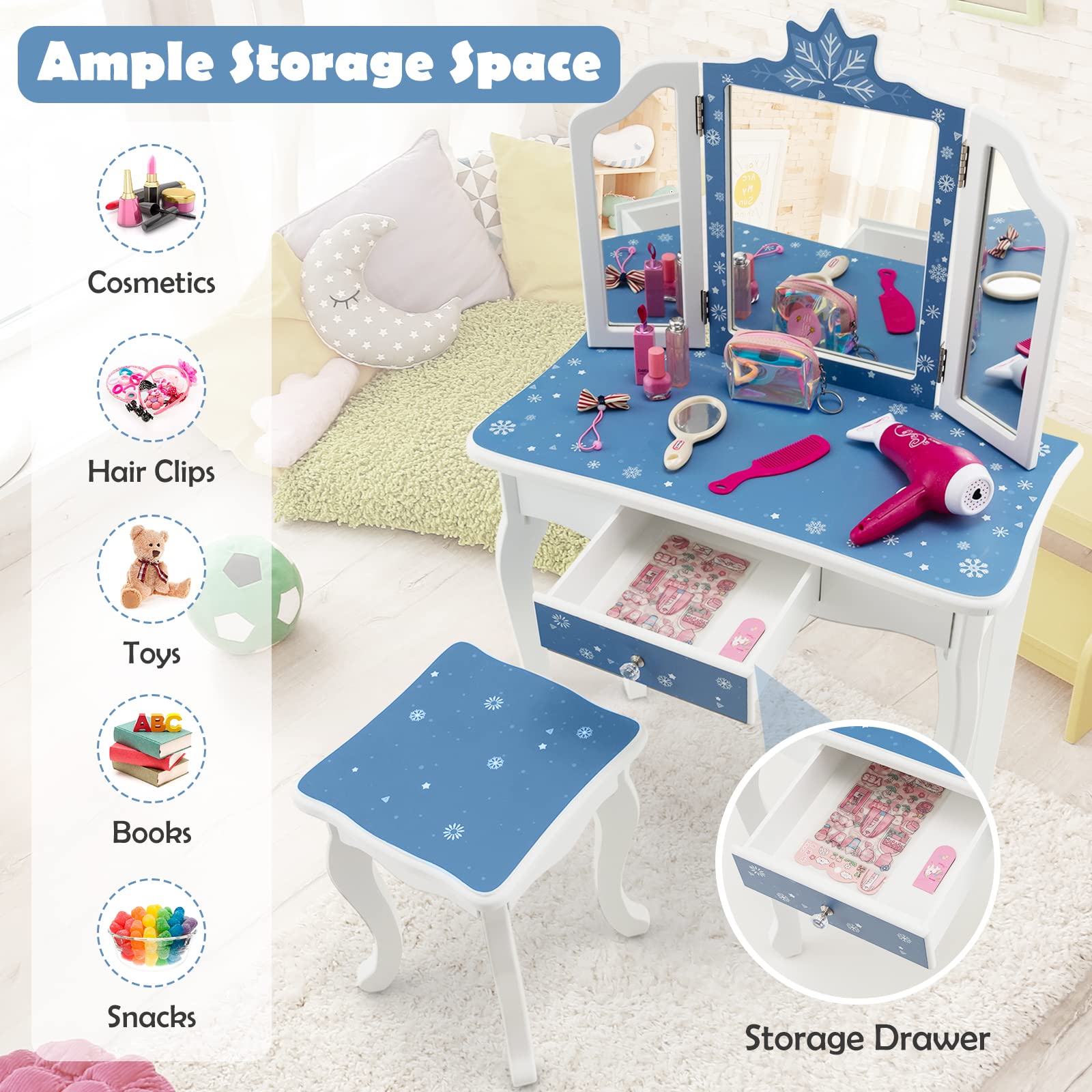Honey Joy Kids Vanity Set - Princess Makeup Table with Mirror & Stool for Girls Bedroom (Blue) - Perfect for Dress-Up & Pretend Play