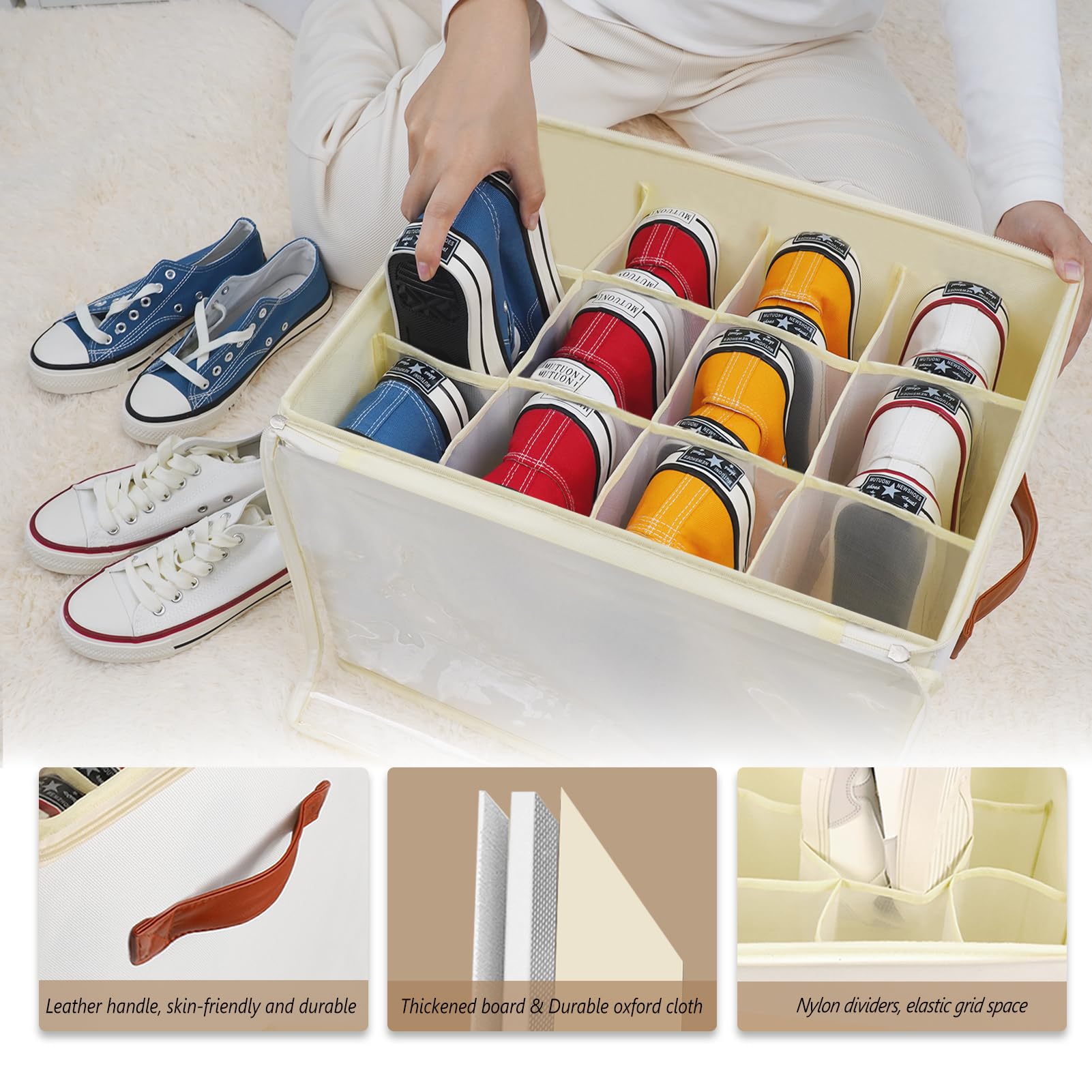 2 Pack Clear Stackable Shoe Storage Box Organizer - 24 Cell Space Saving Shoe Containers with Lids for Closet, Ottoman & Wardrobe | Foldable Shoe Rack Cabinet Cubby for Home Organization & Bedroom Storage