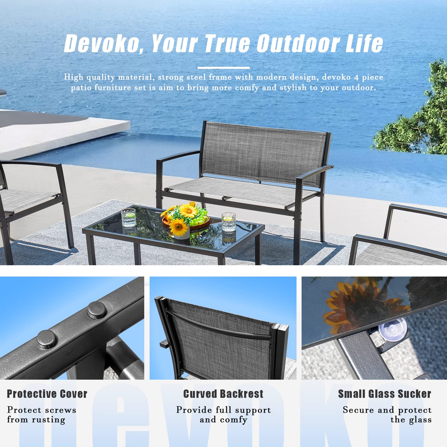 Devoko 4-Piece Outdoor Patio Furniture Set - Grey Wicker Garden Conversation Set with Glass Coffee Table, Weather-Resistant Poolside & Lawn Chairs for Backyard, Porch, Deck or Terrace Relaxation