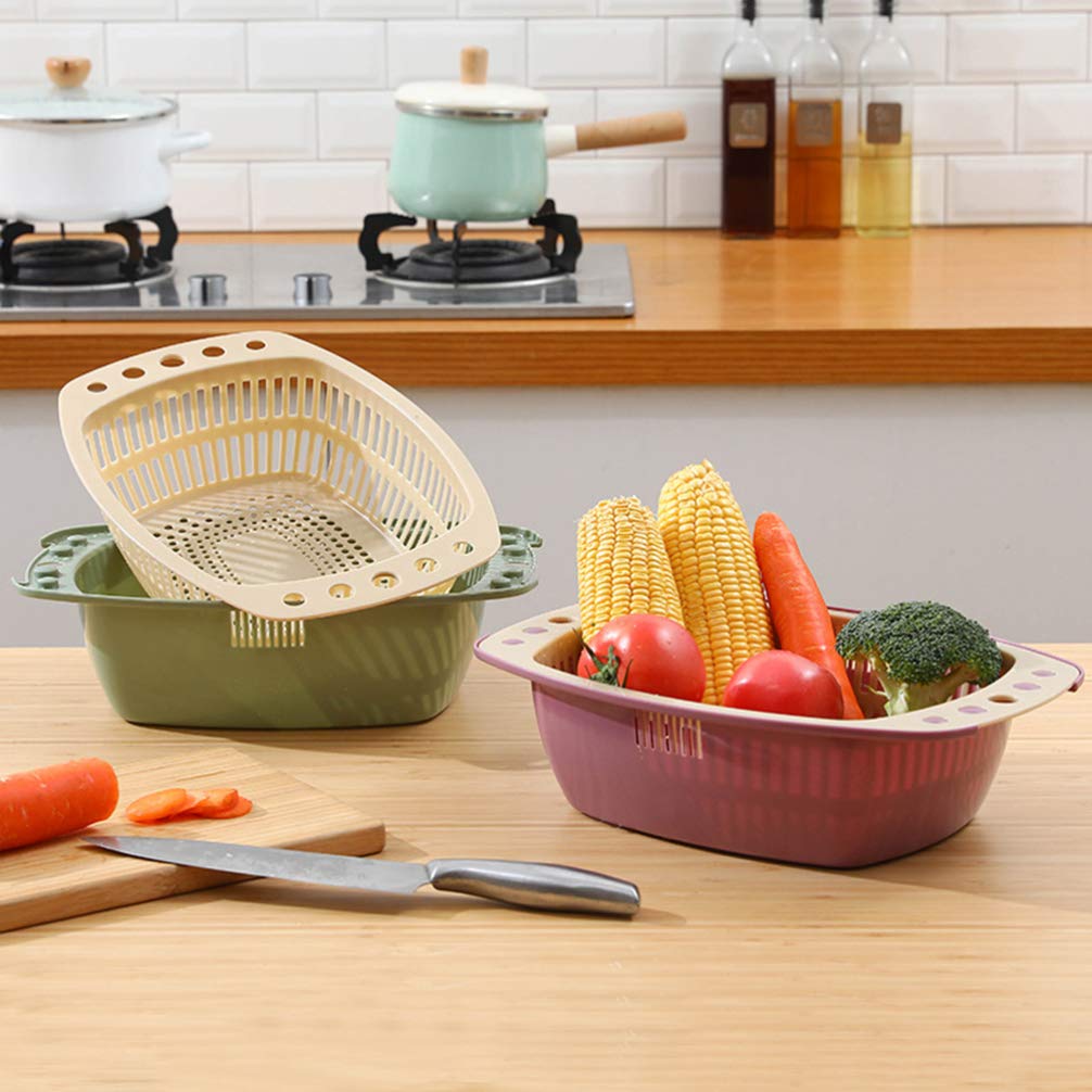 Hemoton 2-Pack Reusable Double Layer Fruit and Vegetable Strainer Colander - Detachable Washing Bowl for Berries, Salad Mixing & Rice Draining - Perfect for Kitchen, Camping & Picnic Use