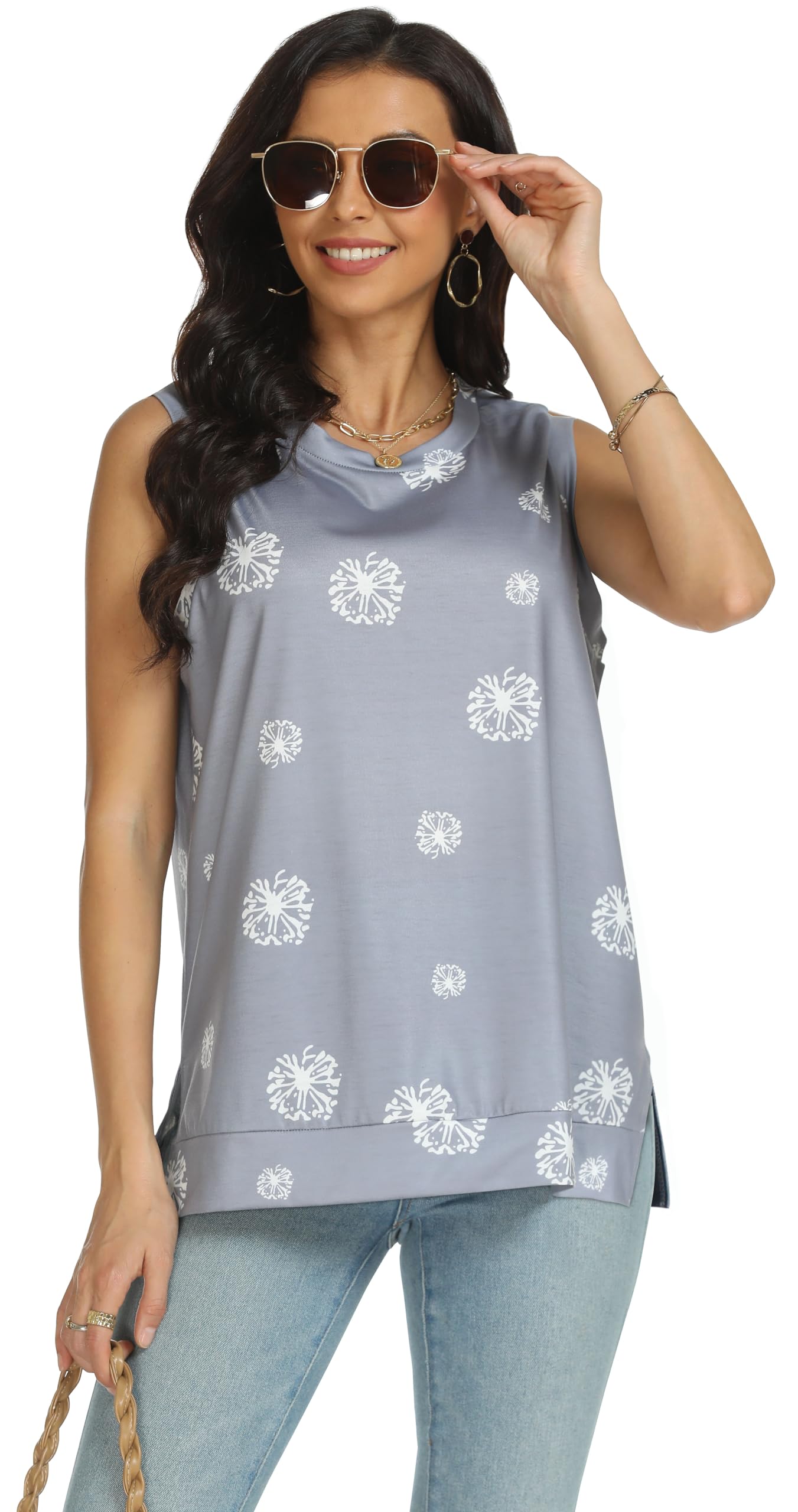 Rosemia Women's Summer Tank Tops - Casual Crewneck Sleeveless Blouse, Flowy Loose Fit Shirt for Beach, Vacation & Everyday Wear
