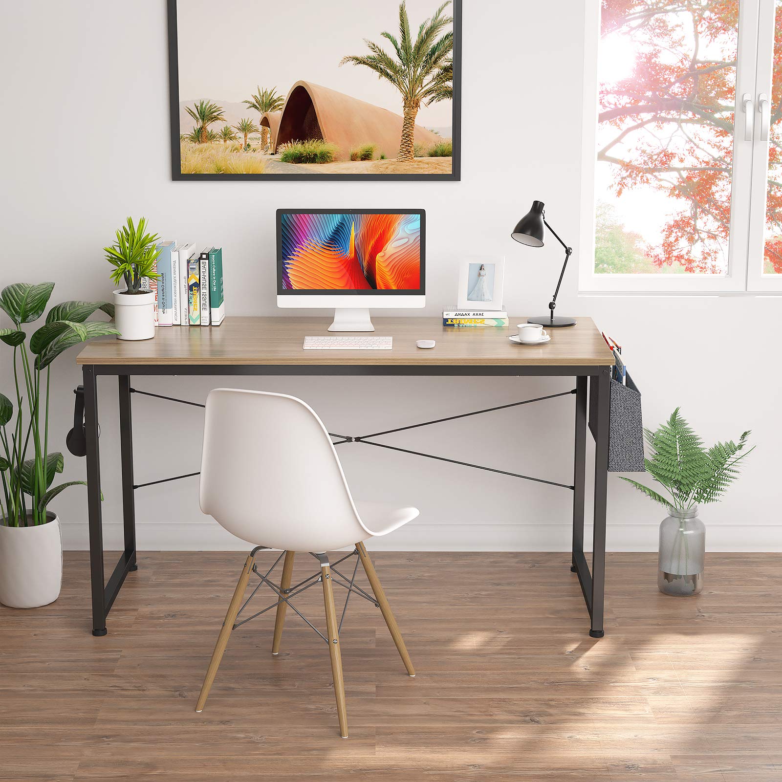 HomVent 47 Inch Modern Computer Desk - Home Office Writing Study Table with Storage Bag, Waterproof & Durable, Natural Wood Finish - Perfect for Small Spaces, Remote Work, and Student Dorms