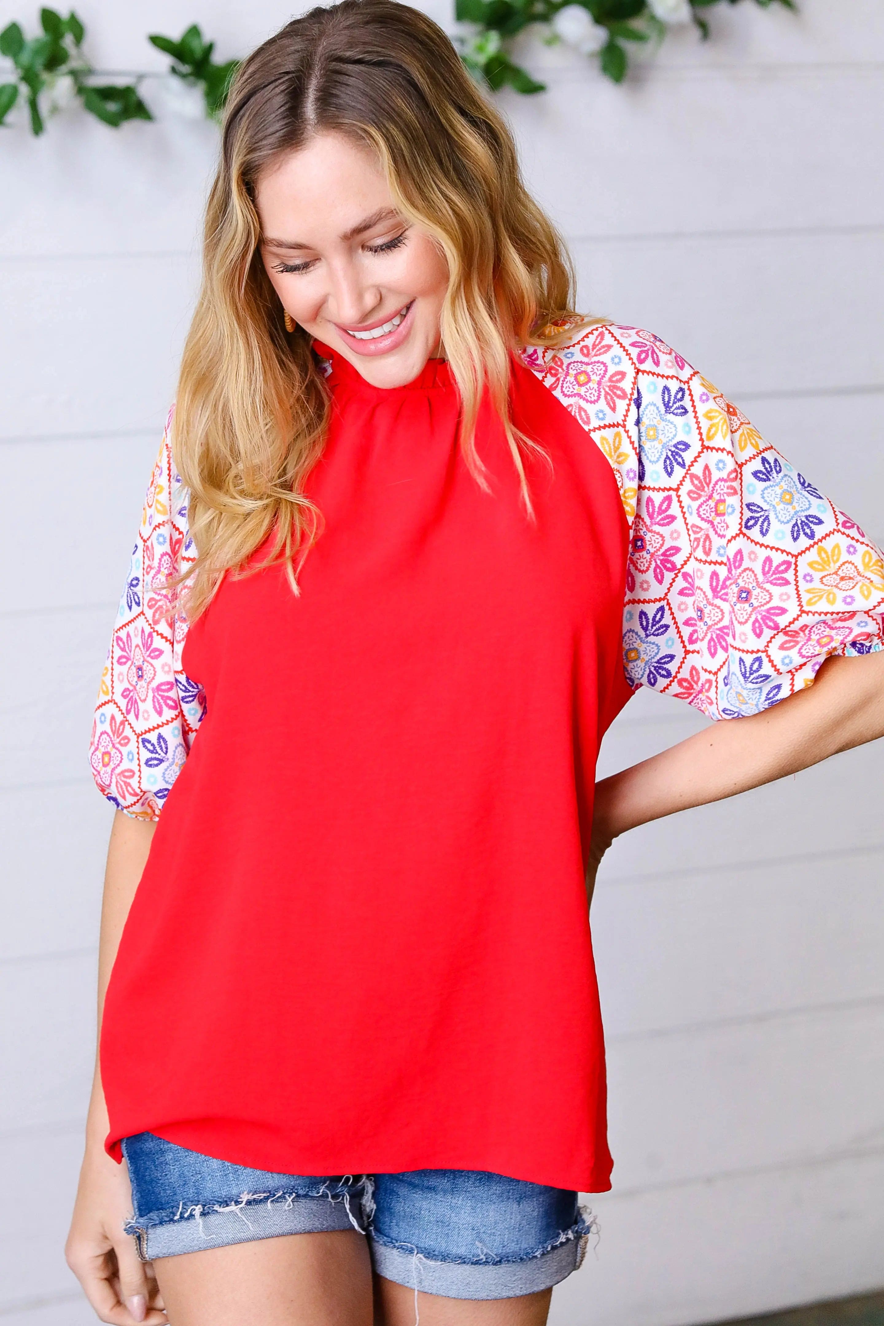 Cardinal Red Frilled Mock Neck Floral Puff Sleeve Blouse - Elegant Women's Fashion Top for Parties, Dates & Special Occasions