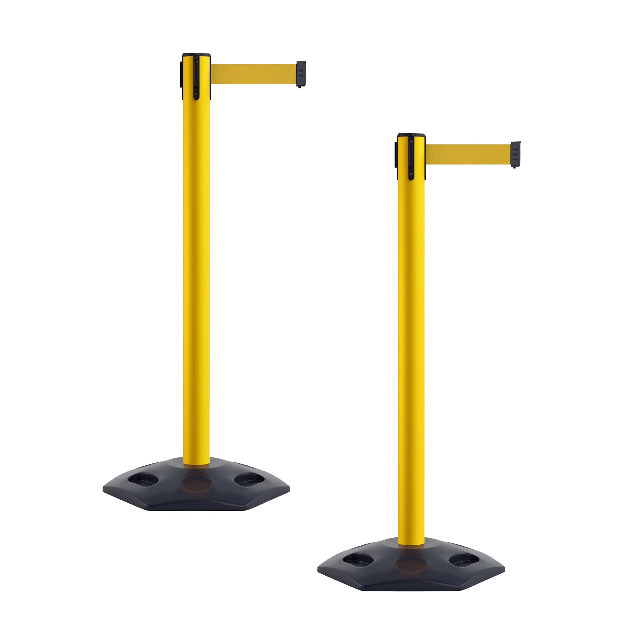 CCW Series WBB-200 Set of 2 Outdoor Safety Rubber Base Stanchion Retractable Belt Barriers - Easy to Assemble, No Tools Required (11 Foot Belt, Yellow) - Perfect for Crowd Control, Event Queue Management & Social Distancing in Stores, Banks and Public Spaces