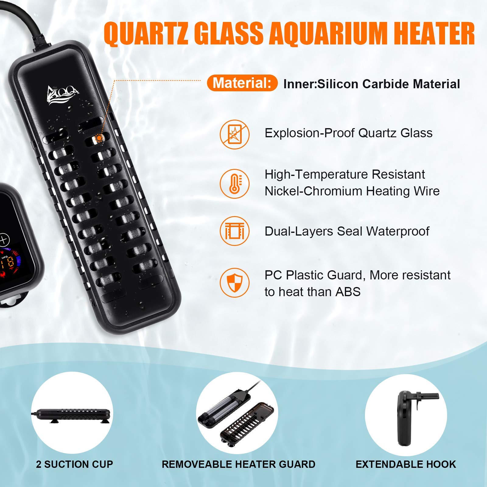 AQQA 800W Submersible Aquarium Heater for 80-220 Gallon Fish Tanks - Adjustable Thermostat for Freshwater & Saltwater Aquariums - Ideal for Betta Fish, Tropical Fish & Marine Life - Perfect for Home, Office or Fish Store Use