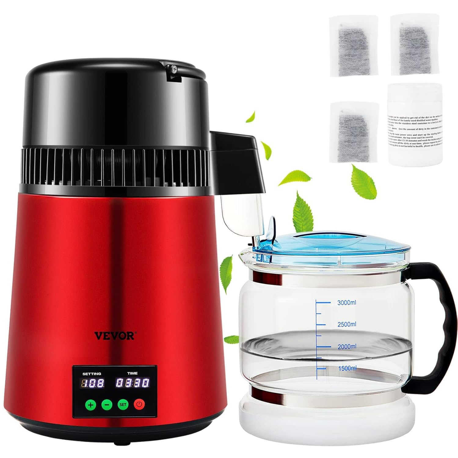 VEVOR 1.1 Gallon Water Distiller Machine with 0.3GPH Output, 750W Countertop Distilled Water Maker with 0-99H Timer & Temperature Display, 304 Stainless Steel & Glass Carafe - Includes Cleaning Powder & 3 Carbon Filters (Red) - Perfect for Home, Office, and Emergency Water Purification