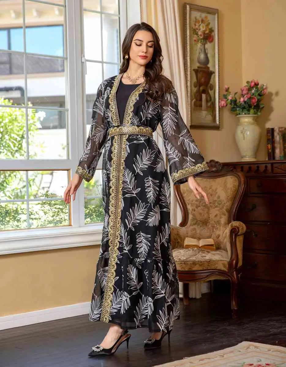 Elegant 2-Piece Eid Dress Set - Embroidered Caftan Kaftan with Sleeveless Inner Dress | Perfect for Eid Celebrations, Weddings & Special Occasions