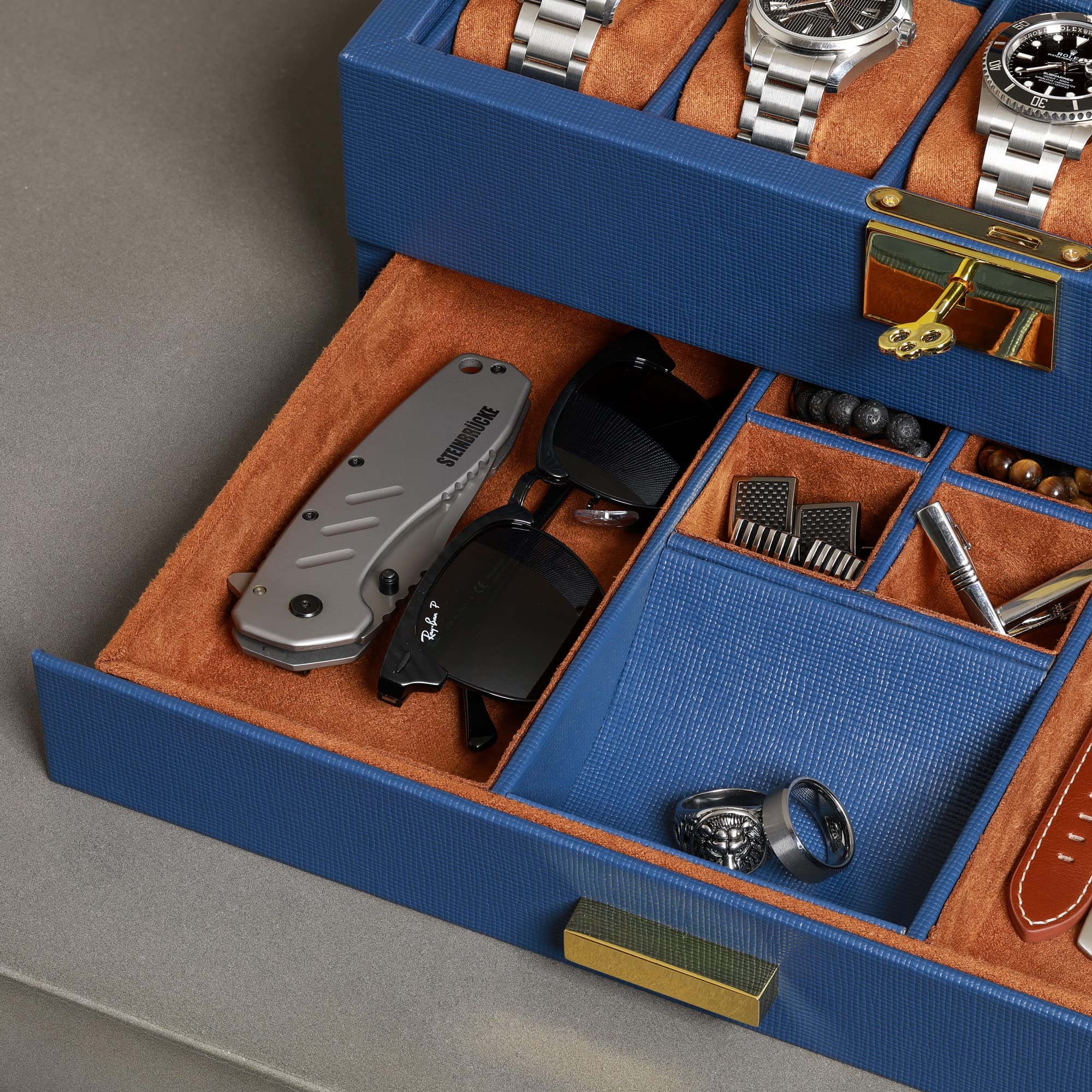 Premium ROTHWELL 10-Slot Leather Watch Box with Valet Drawer - Luxury Watch Case Organizer with Soft Microsuede Liner, Jewelry & Sunglass Storage - Large Glass Top Display (Blue/Tan) - Perfect for Watch Collectors, Travel & Gift Giving