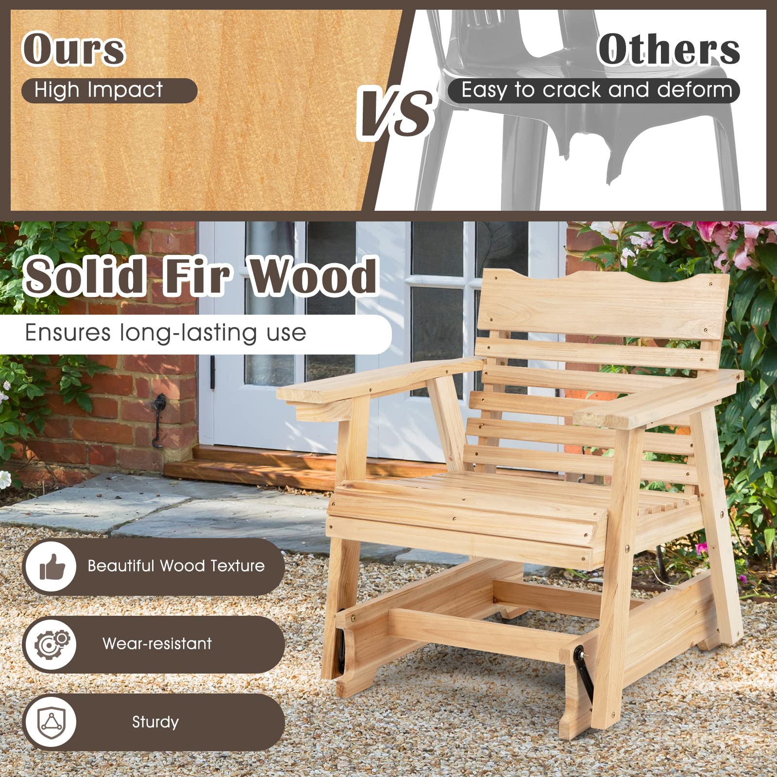 Giantex Outdoor Glider Rocking Chair Set of 2 - High Back Wooden Porch Swing with Wide Armrests, Curved Seat & Rotating Cup Holder - Perfect for Patio, Garden, Balcony, Poolside Relaxation (Natural Finish) - Ideal for Lounging, Reading, and Enjoying Outdoor Breezes