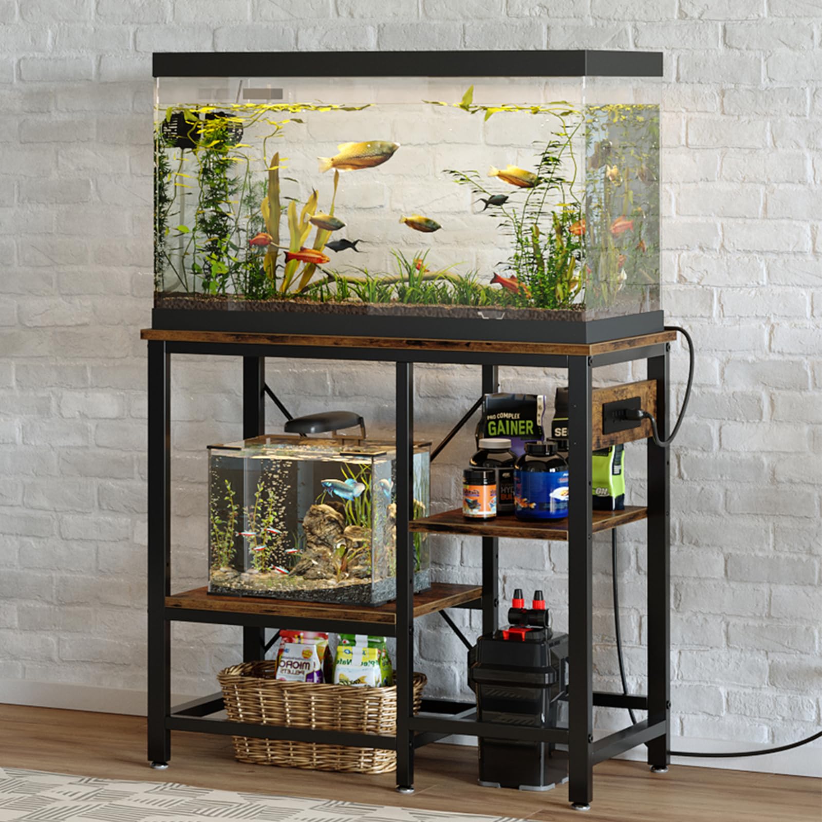 Bestier 40-50 Gallon Fish Tank Stand with Power Outlet - 36x19 Inch Heavy Duty Metal Aquarium Stand for Reptiles & Fish Tanks - 6-Leg Design with 3-Tier Adjustable Storage Shelves - 660LBS Weight Capacity - Perfect for Living Room, Bedroom or Office Decor