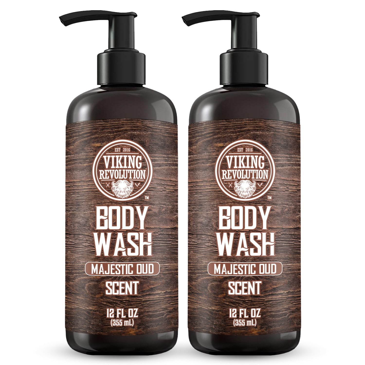 Viking Revolution Men's Body Wash - Majestic Oud Scented Natural Shower Gel with Vitamin E & Rosemary Oil - Hydrating & Refreshing for Daily Use - 12 Fl Oz (Pack of 2) - Perfect for Gym, Travel & Men's Skincare Routine