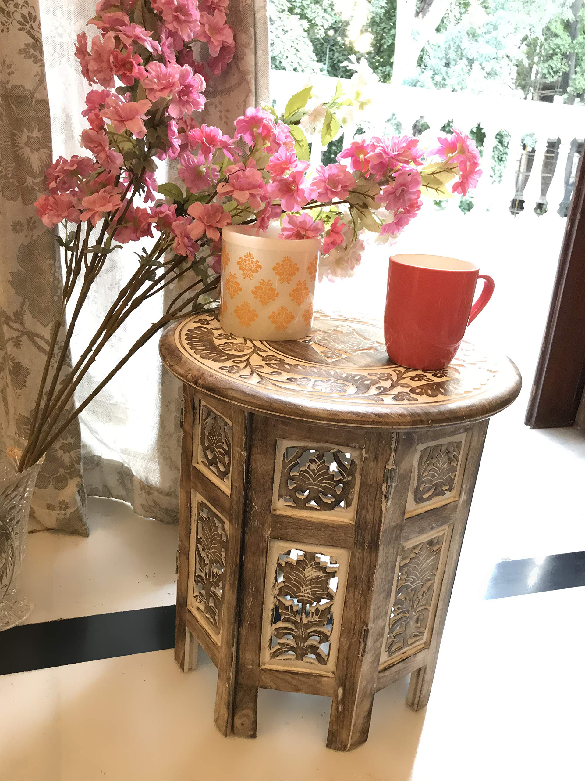 Rustic Wood Round Coffee Table - 21 Inch Hand-Carved Indian Accent Side Table in White Finish | Perfect for Living Room, Bedroom, or Office Decor