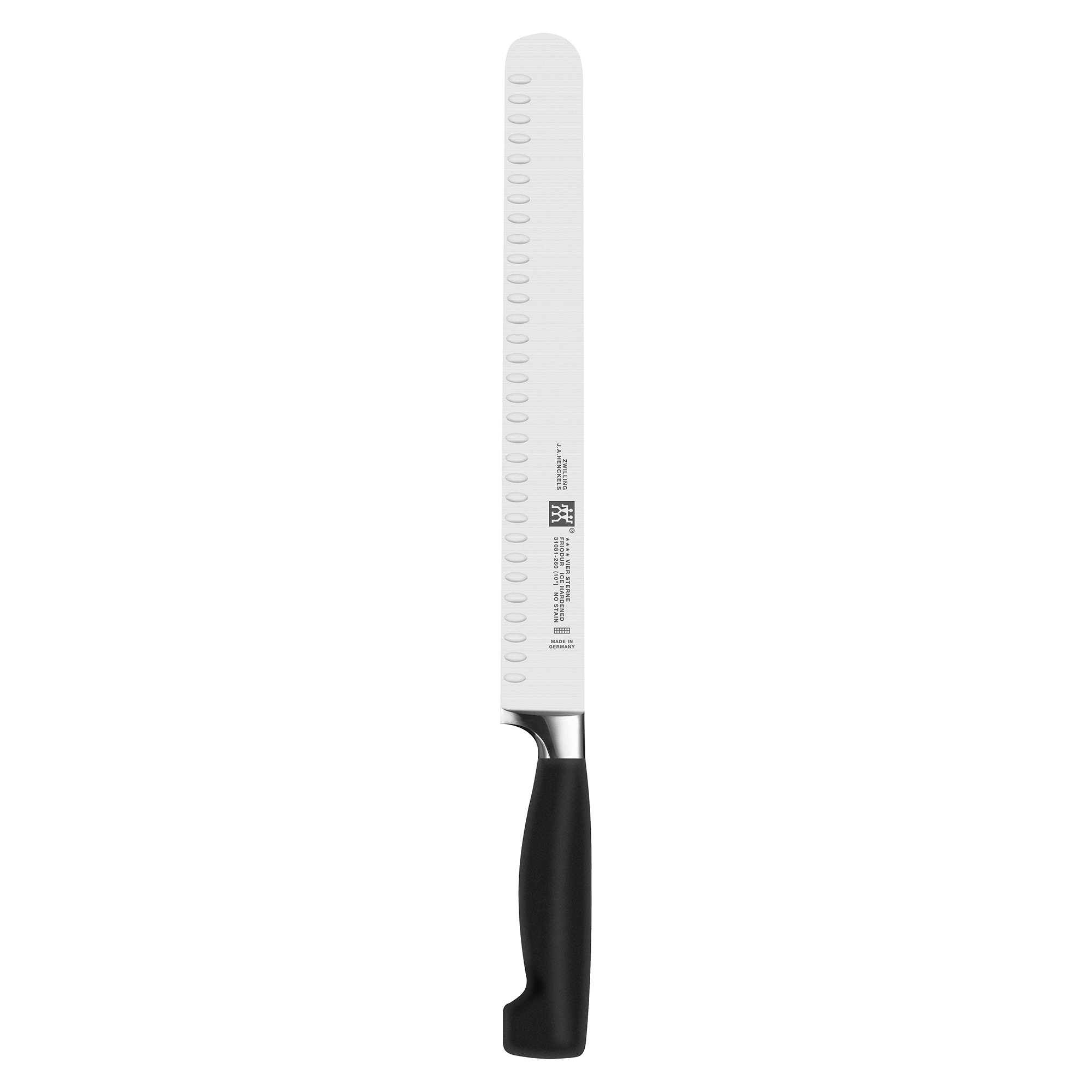 Zwilling J.A. Henckels Twin Four Star 10-Inch High-Carbon Stainless Steel Granton Edge Roast Beef Slicer Knife - Professional Kitchen Tool for Slicing Meats, Roasts, and Deli Meats