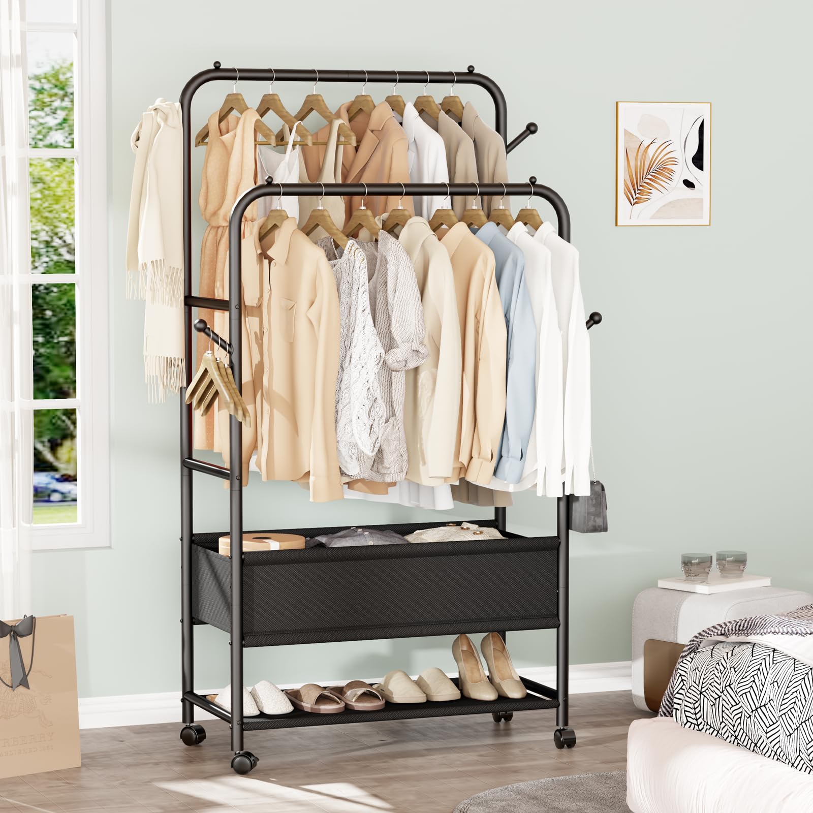 Furologee Double Rod Rolling Garment Rack with Wheels & Storage Box - Heavy Duty Clothes Hanging Organizer with 4 Hooks - Portable Wardrobe for Bedroom, Living Room, Closet (Black) | Perfect for Small Spaces, Dorm Rooms & Apartment Organization