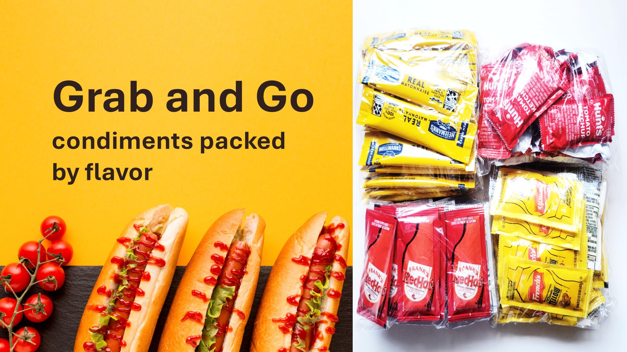 Bulk Ketchup, Mustard, Mayo & Hot Sauce Packets - Travel Size Condiment Packets for On-the-Go, Picnics, BBQs & Parties (100 Count)