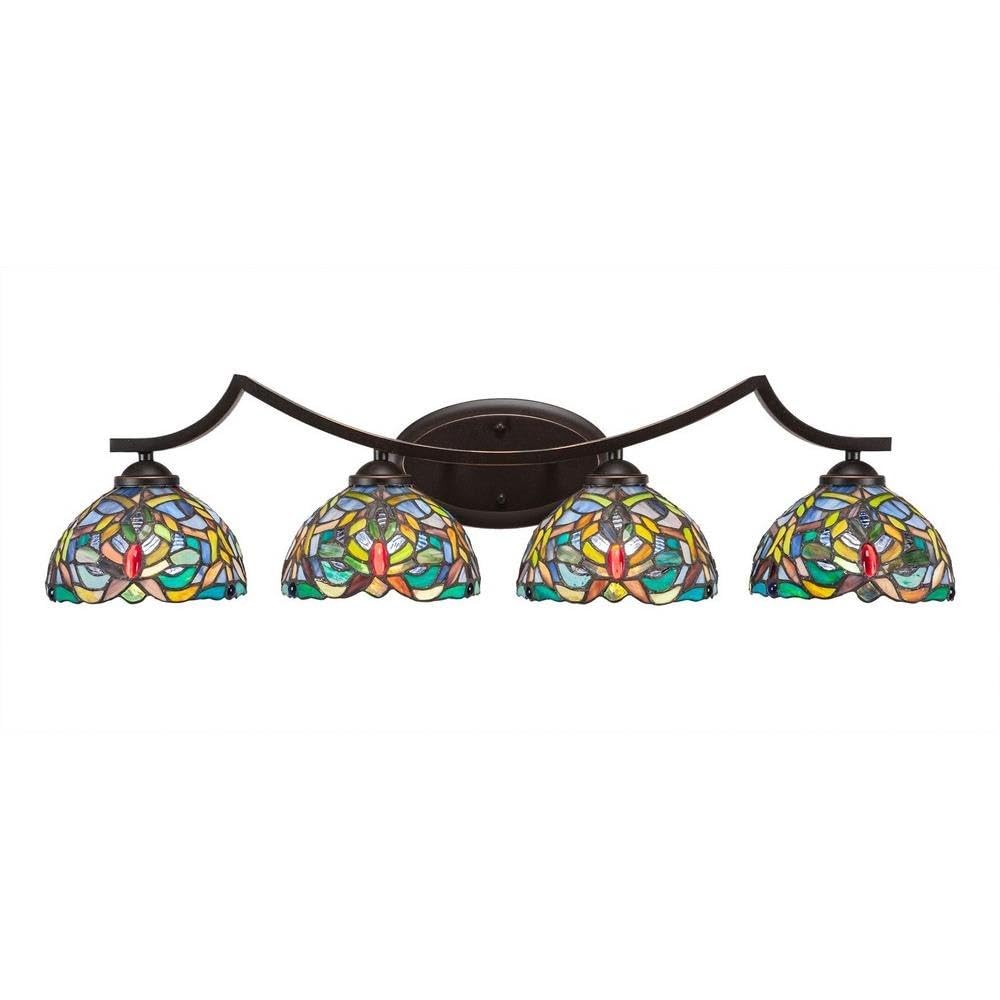 Toltec Lighting 554-DG-9905 Zilo 4-Light Bath Bar with Kaleidoscope Tiffany Glass - Perfect for Bathroom Vanity, Powder Room, and Vintage Home Decor Lighting