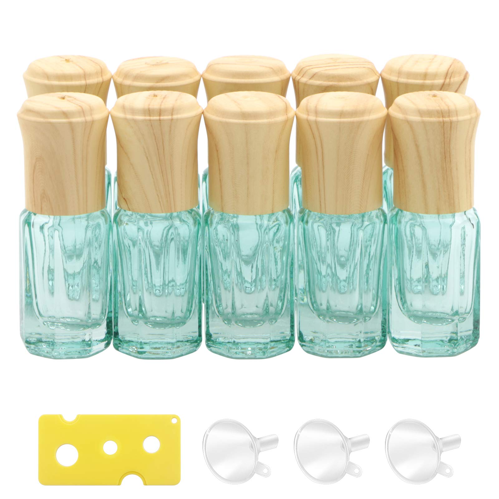 10Pcs 3ml Light Blue Glass Roller Bottles - Essential Oil Roll On Bottles, Perfume & Cosmetic Containers with Funnel Opener - Perfect for DIY Aromatherapy, Travel Size & Sample Storage