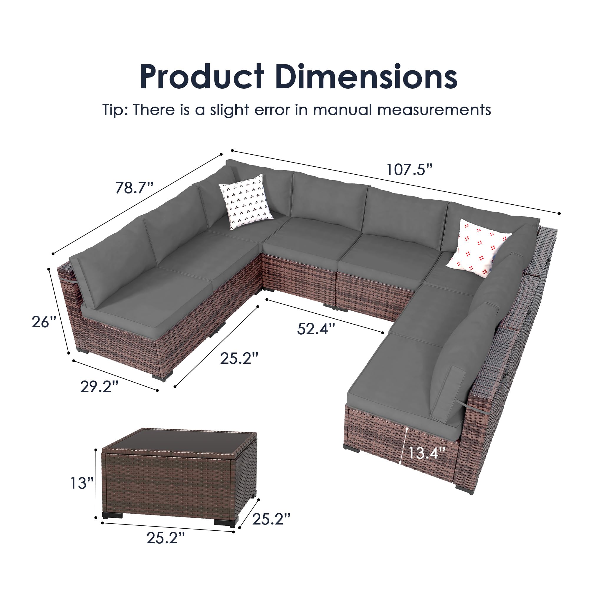 Amopatio 9-Piece All-Weather Outdoor Patio Furniture Set - Modern Wicker Sectional Sofa with Glass Coffee Table, Thick Gray Cushions & Waterproof Cover - Perfect for Backyard, Poolside & Garden Relaxation