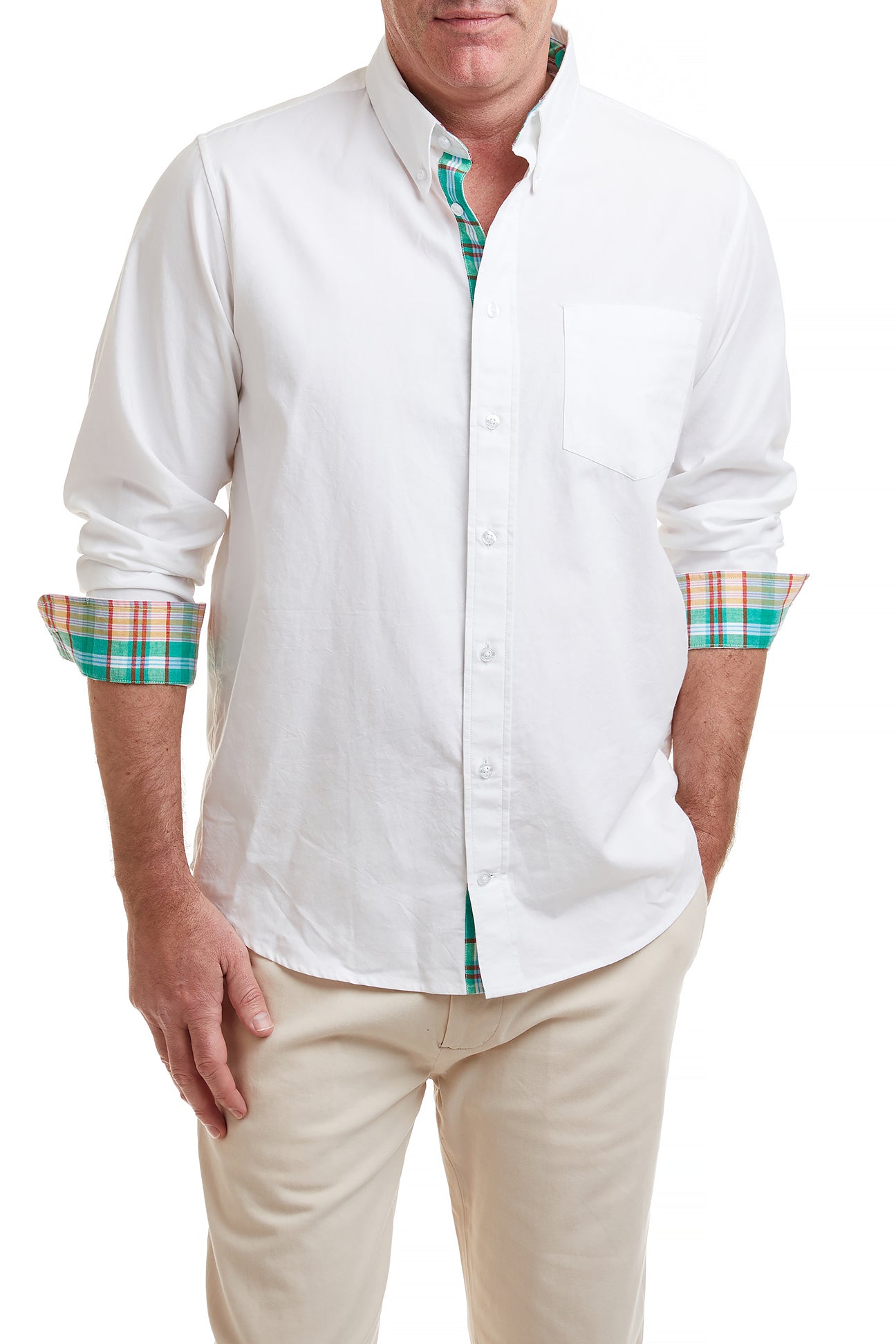 Chase Shirt White Oxford with Seacrest Patch Madras Trim - Classic Men's Casual Button Down Shirt for Office, Date Night & Summer Outings
