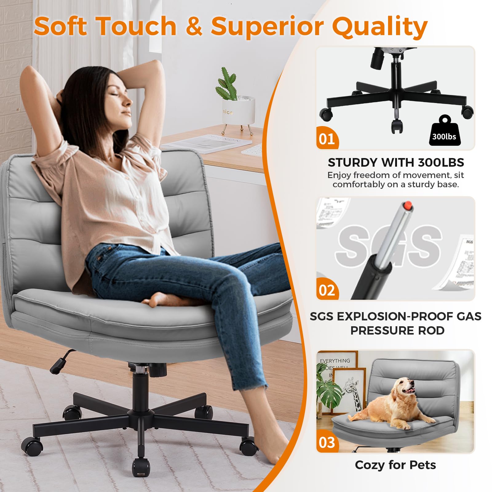 Criss Cross Legged Office Chair with Wheels - Armless Swivel Desk Chair, Wide Seat & Height Adjustable for Home Office, Computer Task, Vanity - Perfect for Cross-Legged Sitting, Work from Home & Gaming