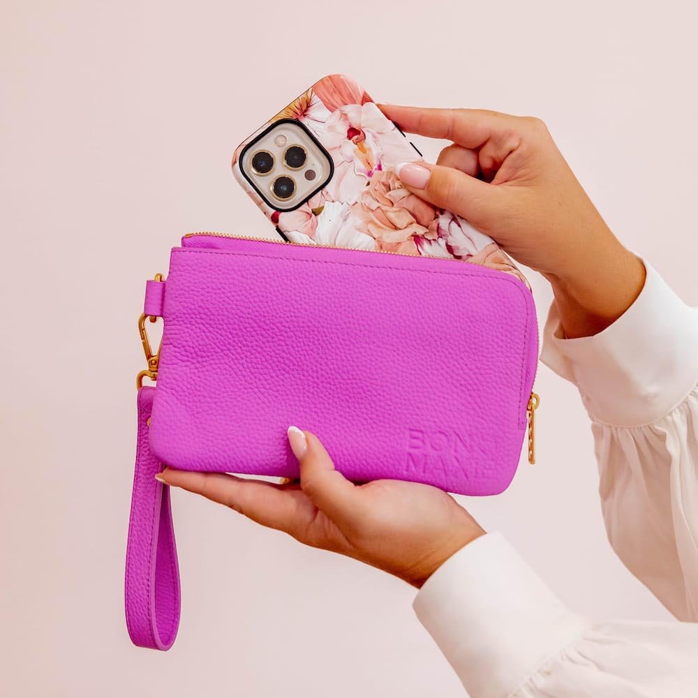 Premium Genuine Leather Phone Wallet Pouch with RFID Protection - Fuchsia Pink for Women | Slim Card Holder & Phone Case Combo | Perfect for Everyday Use, Travel, and Gift Giving
