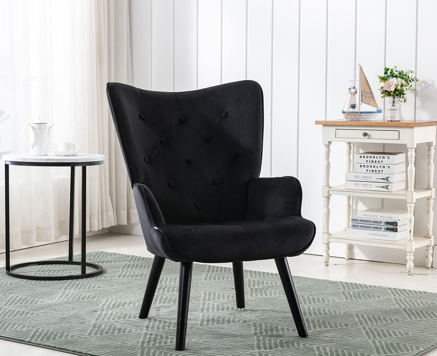 Baysitone Modern Velvet Accent Chair - High Back Comfort Lounge Chair for Living Room & Bedroom, Upholstered Compact Leisure Side Chair in Black - Perfect for Reading Nook, Home Office or Small Space Decor