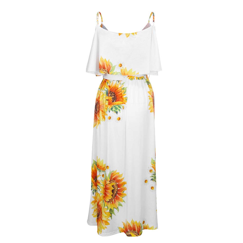 AIHIHE Women's Summer Spaghetti Strap Sundress - Casual Floral Maxi Dress with Belt, Backless Swing Design (White, Large) | Perfect for Beach Vacations, Date Nights & Summer Outings