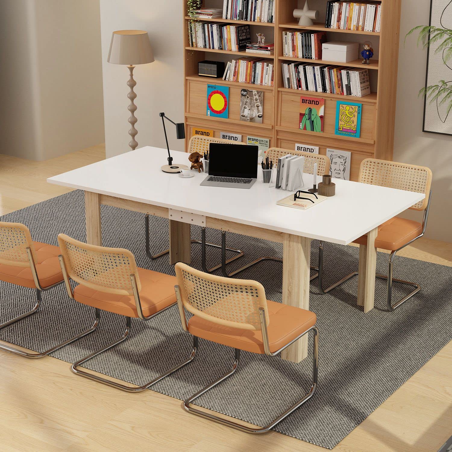 FAMAPY 6.4FT Retractable Conference Table - Rectangular Office Meeting Table with Wooden Legs in White & Oak (77.1”W x 37.4”D x 29.6”H) - Perfect for Conference Rooms, Home Offices, and Reception Areas