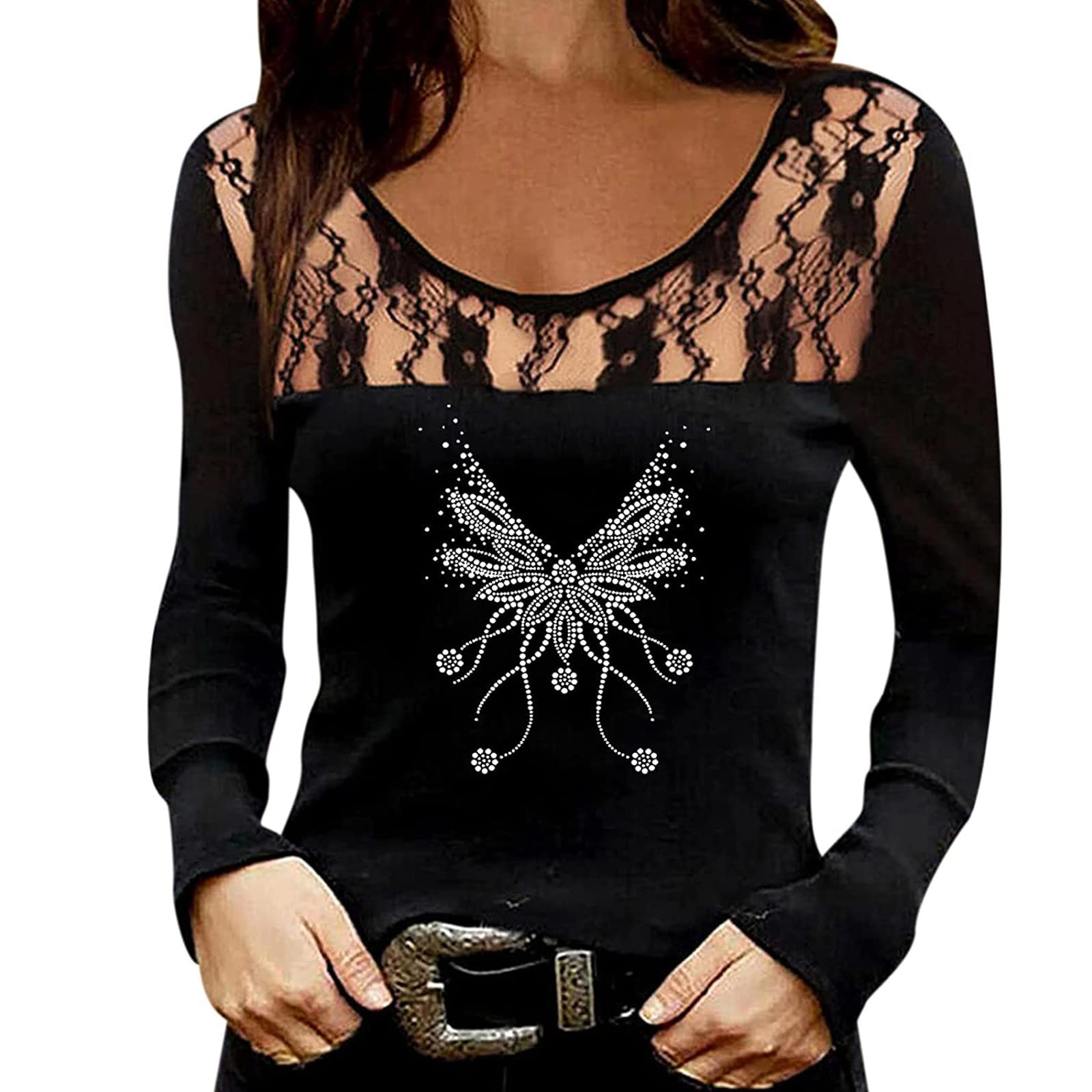 Women's Lace Blouse Long Sleeve Crewneck Top with Heart Love Graphic - Casual Fall Summer T-Shirt for Women - Perfect for Dating, Office Wear & Casual Outings