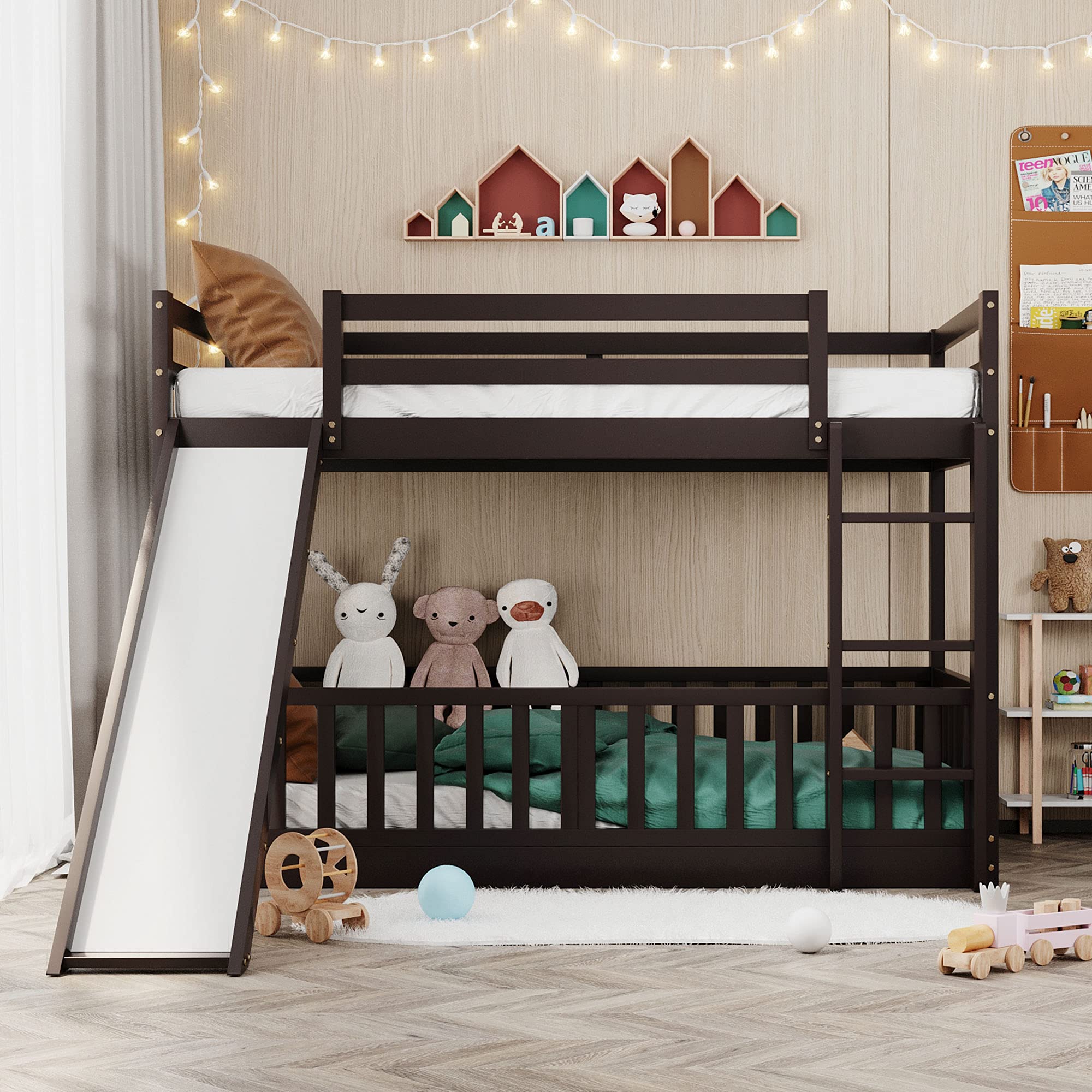 Harper & Bright Designs Twin Over Twin Low Bunk Bed with Slide - Solid Wood Kids Bunk Bed for Boys & Girls, No Box Spring Needed, Espresso Finish - Perfect for Small Bedrooms, Shared Kids Rooms & Sleepovers