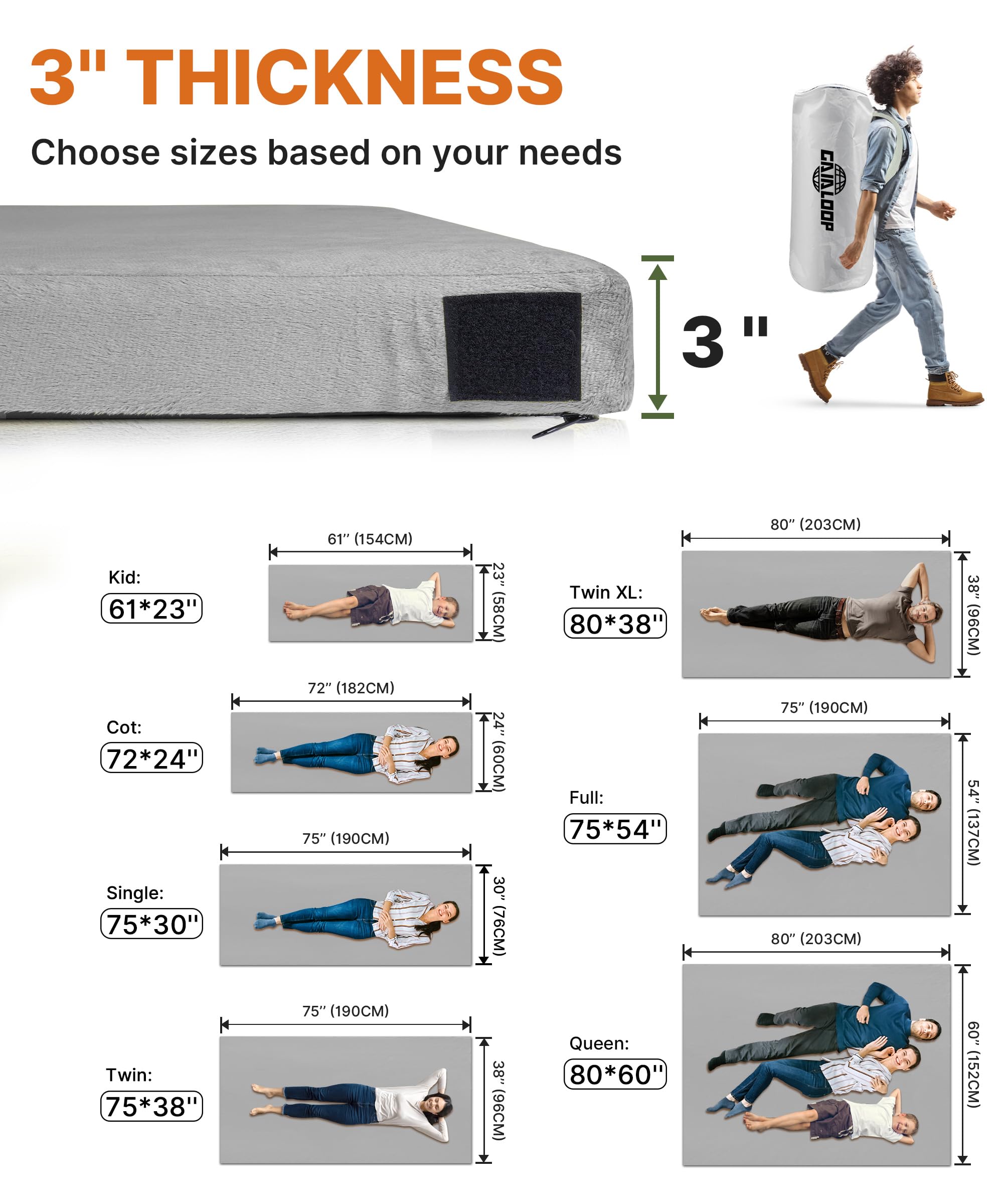 3 Inch Thick Memory Foam Camping Mattress - Portable Sleeping Pad for Camping, Travel & Home Use - Foldable Floor Mat for Tent, Car, Cot & Guest Sleepover - Ideal for Outdoor Adventures, Road Trips & Spare Bedding