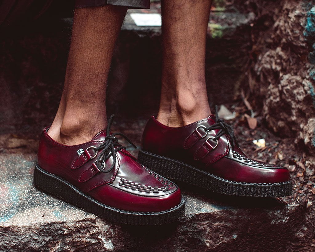Burgundy Rub Off TUKskin™ Viva Low Creeper Shoes - Vintage Style Women's Platform Sneakers for Casual Wear & Retro Fashion Outfits