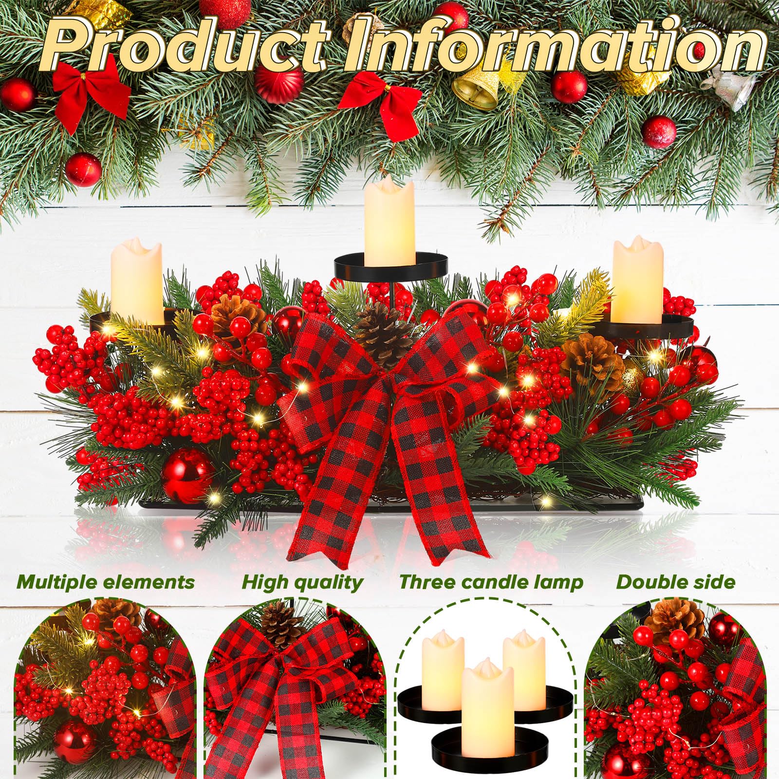Christmas Triple Candelabrum Centerpiece with LED Candles, String Lights, Bow & Pine Cones - Elegant Holiday Table Decor for Dining Room, Fireplace Mantel & Christmas Party Decoration