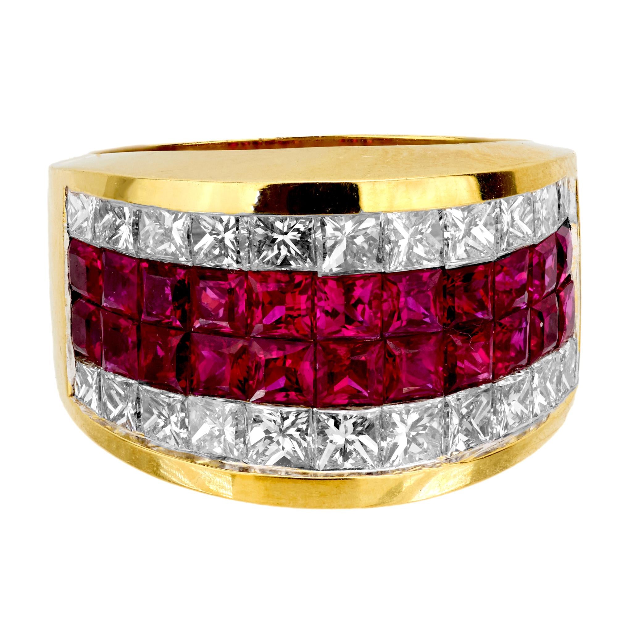 18K Gold Ruby and Diamond Cigar Band Ring - Vintage Estate Jewelry for Men & Women - Perfect for Weddings, Parties & Special Occasions