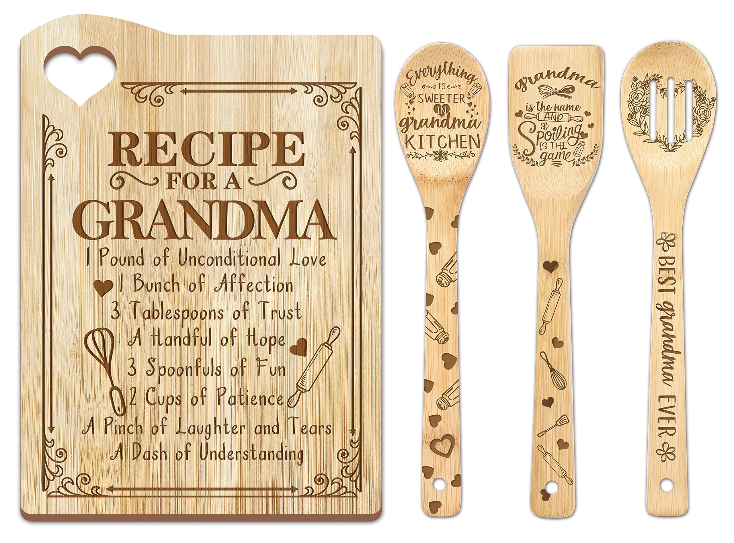 Personalized Wooden Cutting Board for Grandma - Mother's Day Gift from Grandkids | Engraved Kitchen Utensil Set with Heartwarming Message | Perfect for Cooking, Baking & Family Gatherings
