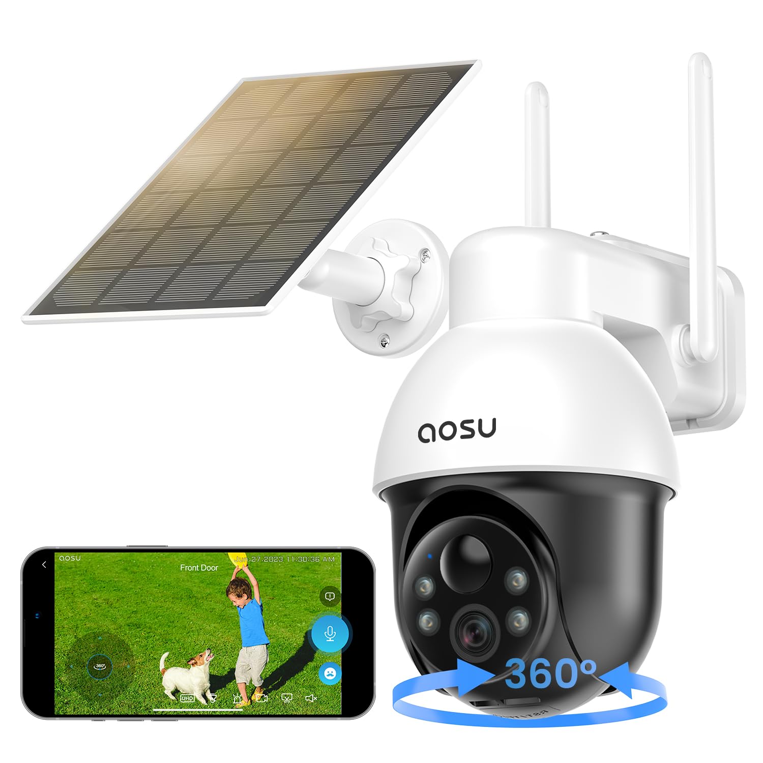 AOSU 5MP Solar Security Camera Outdoor with Color Night Vision, 2 Pack Wireless Home Security Cameras with Auto Tracking, Solar Panel, 2-Way Audio & 2.4GHz WiFi - Ideal for Home, Garage, Yard & Business Surveillance