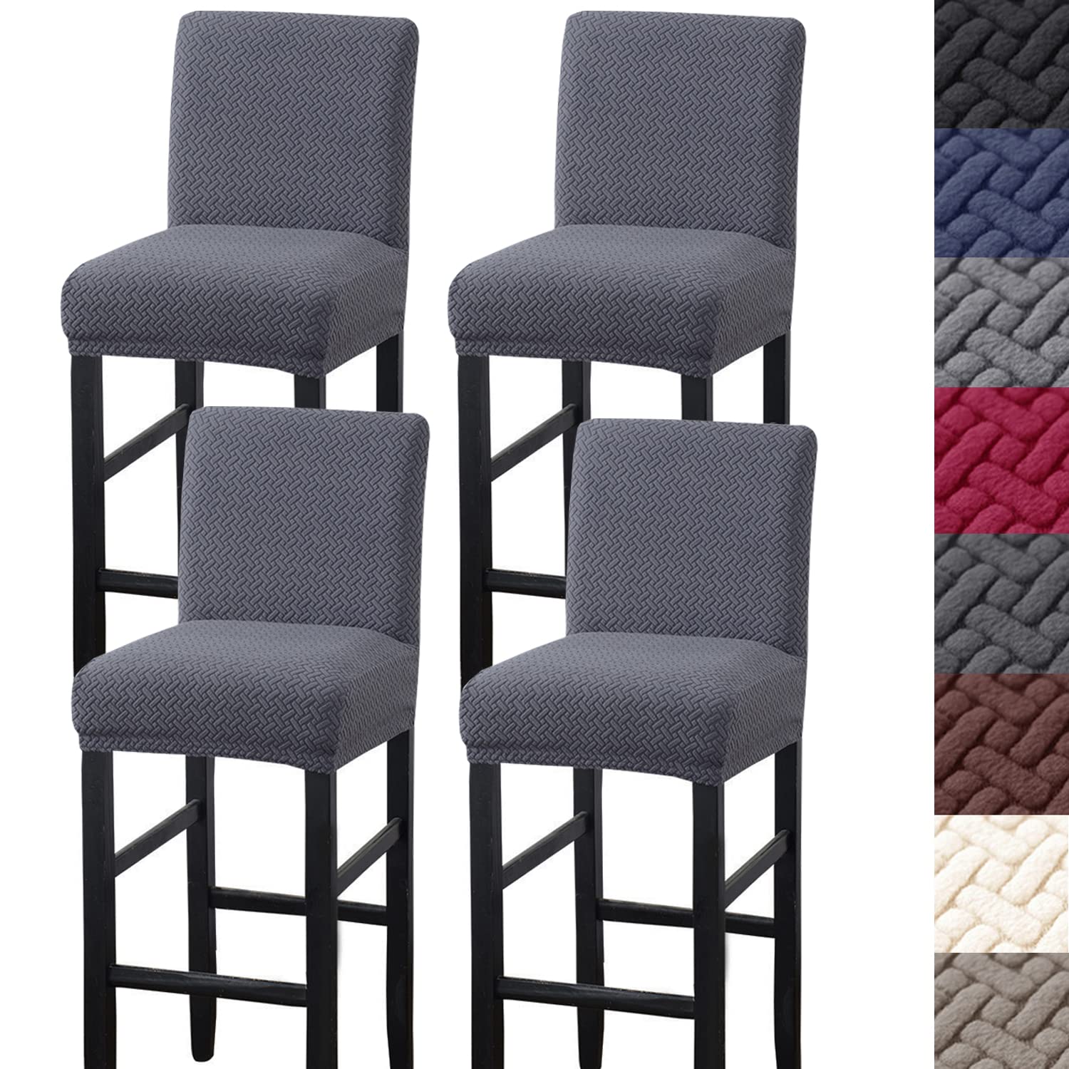 4 Pack Stretch Bar Stool Covers with Backs - Jacquard Fabric Slipcovers with Elastic Bands for Pub, Counter & Kitchen Stools - Dark Gray - Perfect for Home, Cafe and Restaurant Decor
