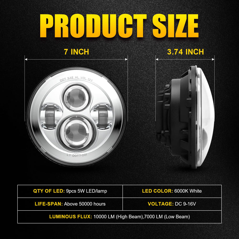 7 Inch Round LED Headlight Kit with EMC - Compatible with Jeep Wrangler JK/JKU/TJ/LJ/CJ, Hummer H1/H2, Chevy, Ford, GMC & More (Pair) - High-Performance Off-Road Lighting for Night Driving & Adventure