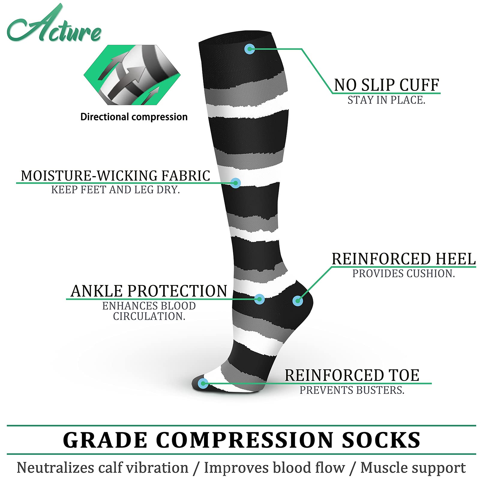 Acture 6 Pairs Compression Socks for Men & Women - 15-20mmHg Graduated Support Socks for Running, Sports, Medical, Pregnancy & Travel - Improve Circulation & Reduce Swelling (Great for Nurses, Athletes & Frequent Flyers)