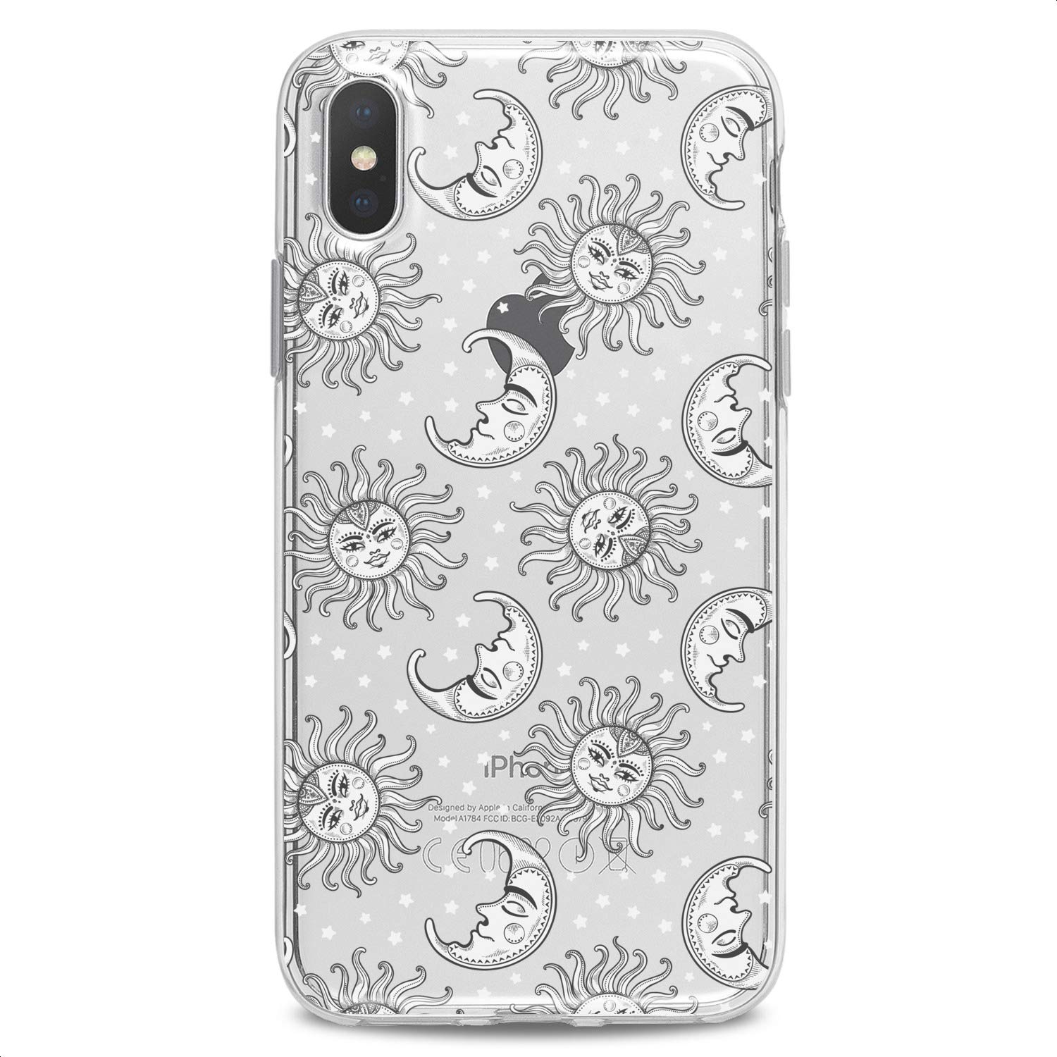 Premium TPU Phone Case for iPhone 16/15/14/13/12/11 Pro Max/Plus/Mini/Xs/Xr/X/8+/7/6/5/SE - Slim Clear Silicone Cover with Cute Celestial Space Stars Moon Sun White Print Design - Perfect for Everyday Protection & Stylish Accessory
