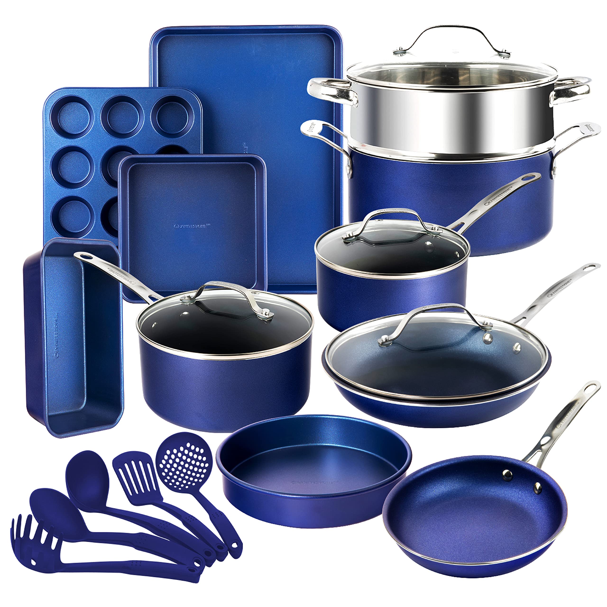 Granitestone 20-Piece Nonstick Cookware Set with Ultra Durable Mineral & Diamond Coating - PFOA & PFAS Free Pots, Pans & Bakeware - Oven, Dishwasher & Metal Utensil Safe - Blue - Perfect for Everyday Cooking, Baking & Family Meals