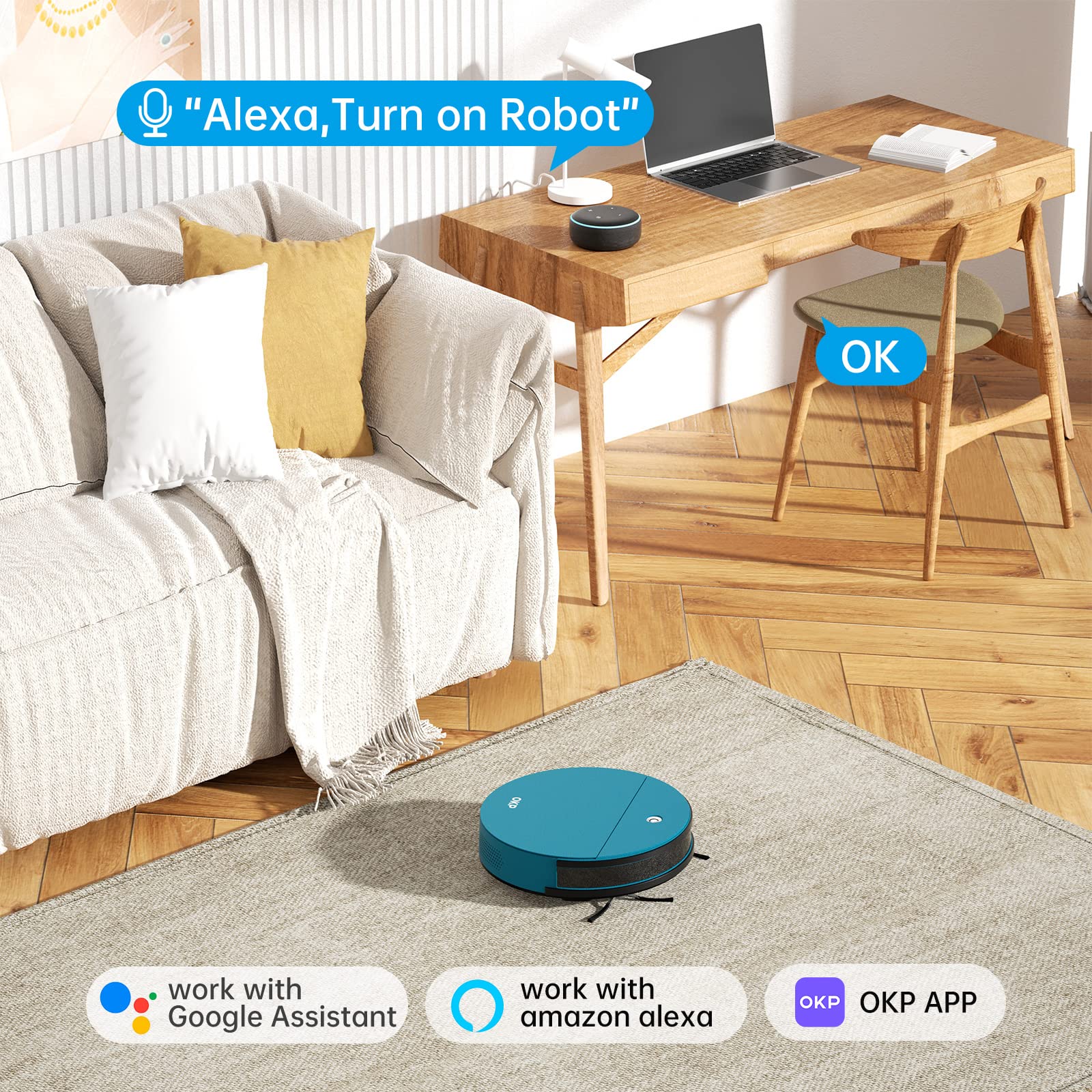 OKP K3P Robot Vacuum Cleaner 3000Pa Strong Suction - Smart WiFi/APP/Alexa Control - 150 Min Runtime - Auto Recharge - Ultra Quiet - Ideal for Pet Hair, Hardwood Floors & Carpets (Blue) - Perfect for Daily Home Cleaning & Pet Owners