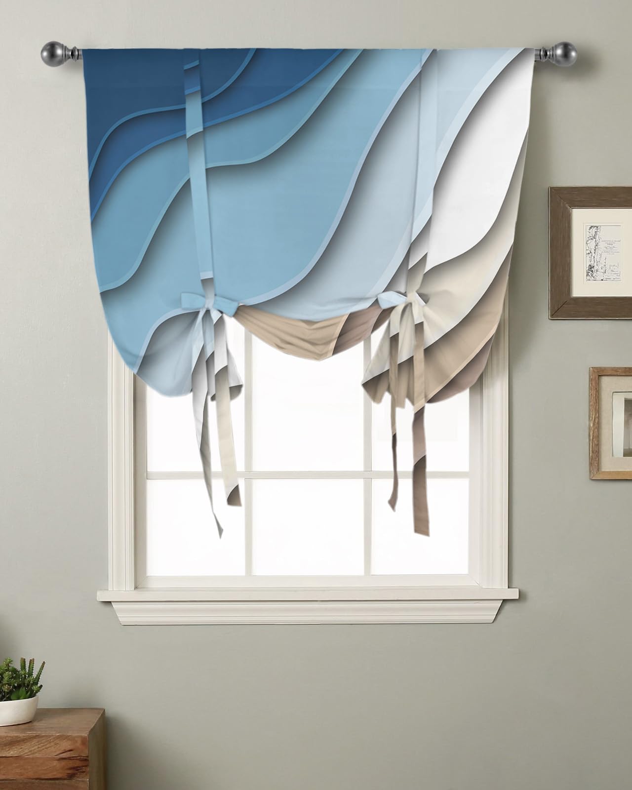 Modern Teal Blue Geometric Tie-Up Kitchen Curtains - Adjustable Balloon Shade with Stripe Pattern, Rod Pocket Drapes for Small Windows (42