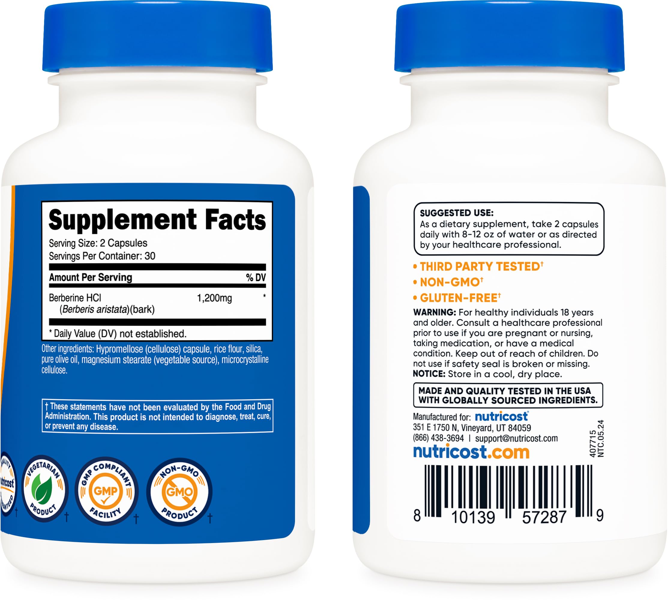 Nutricost Berberine HCl 600mg, 60 Vegetarian Capsules - Gluten Free, Non-GMO Supplement for Blood Sugar Support & Digestive Health - Perfect for Daily Wellness Routine & Natural Metabolism Boost